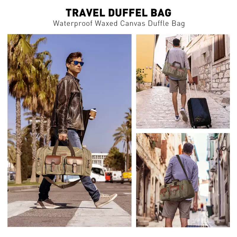 Vintage Waxed Canvas Duffle Bag for Men, Large 50L-60L Waterproof Weekender with Leather Trim, Expandable Carry-On for Travel