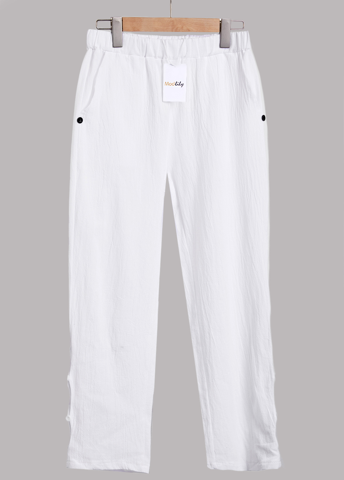 White Button Elastic Waist High Waisted Pants