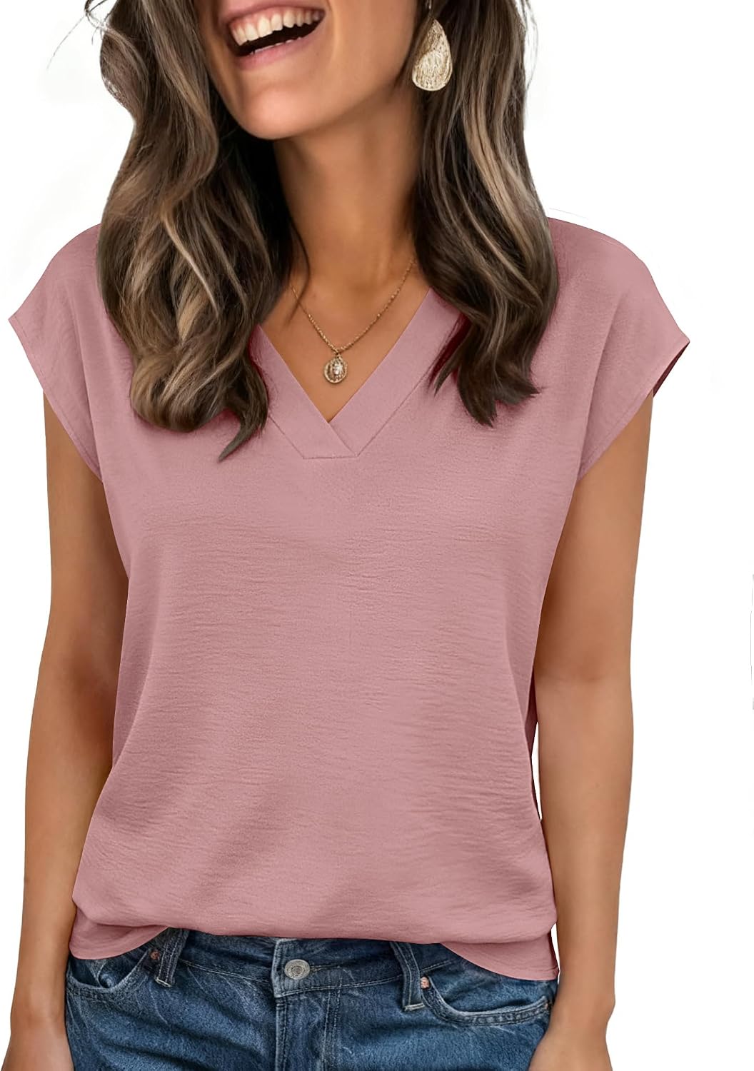 Womens Tops Cap Short Sleeve Textured Blouse V Neck Summer Spring Shirts Business Casual Outfits