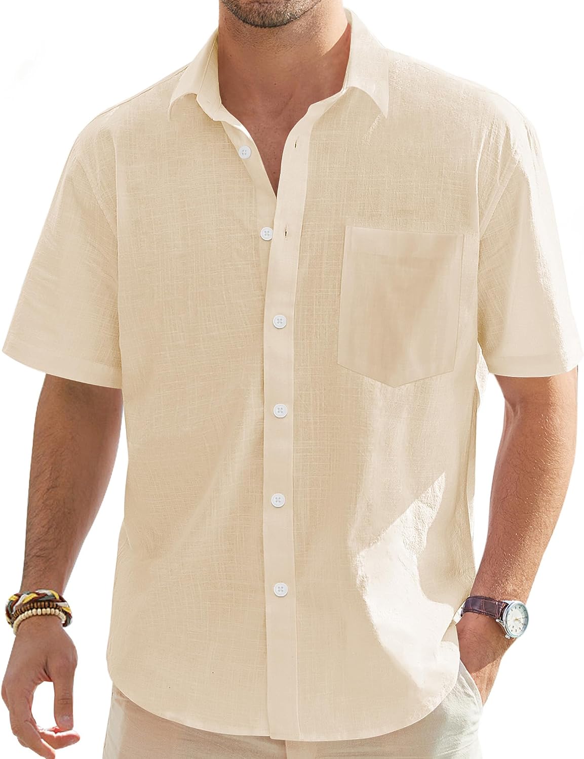 Men's Linen Short Sleeve Shirts Cotton Casual Lightweight Button Down Shirt Beach Vacation Summer Tops with Pocket