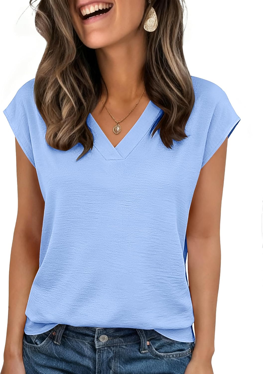 Womens Tops Cap Short Sleeve Textured Blouse V Neck Summer Spring Shirts Business Casual Outfits