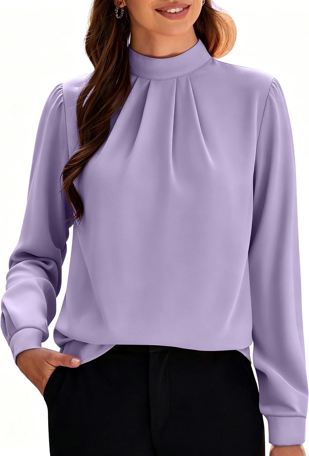 Women's Long Sleeve Tops Dressy Casual Mock Neck Work Blouse Fall Trendy Front Pleated Tunic Chiffon Shirts