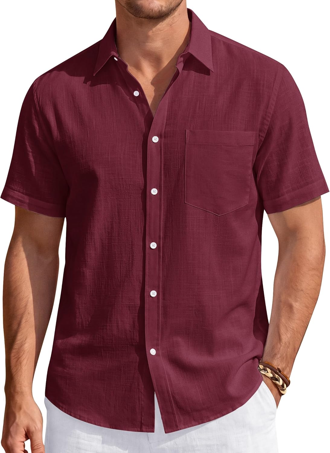 Men's Linen Short Sleeve Shirts Cotton Casual Lightweight Button Down Shirt Beach Vacation Summer Tops with Pocket