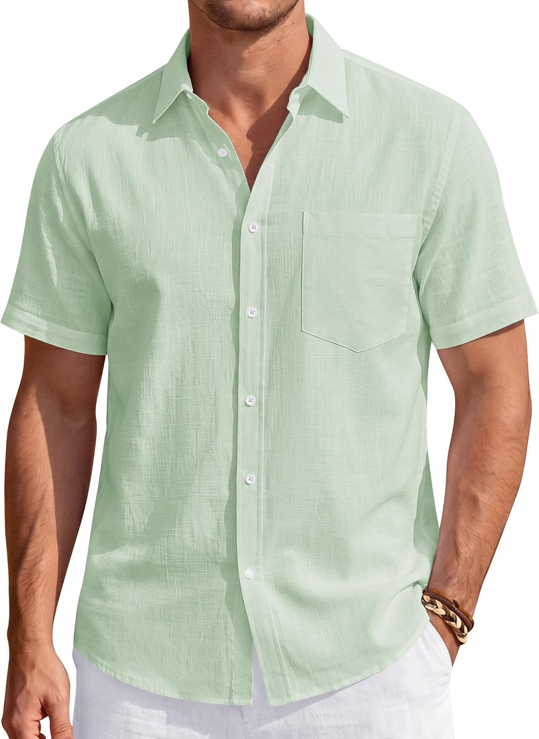 Men's Linen Short Sleeve Shirts Cotton Casual Lightweight Button Down Shirt Beach Vacation Summer Tops with Pocket