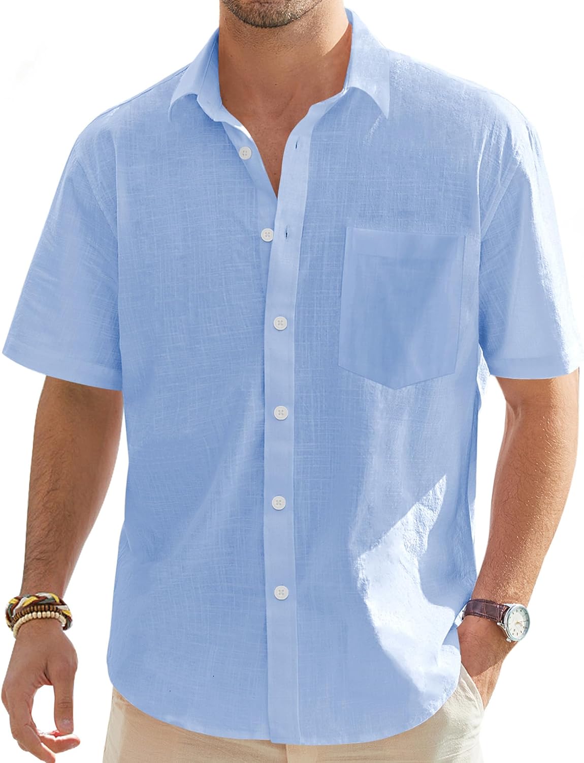 Men's Linen Short Sleeve Shirts Cotton Casual Lightweight Button Down Shirt Beach Vacation Summer Tops with Pocket