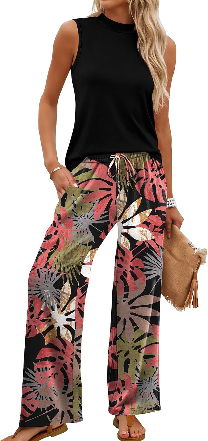 Two Piece Set for Women Summer Spring Outfits Cruise Travel Airport Beach Vacation Mock Neck Wide Leg Pants Set