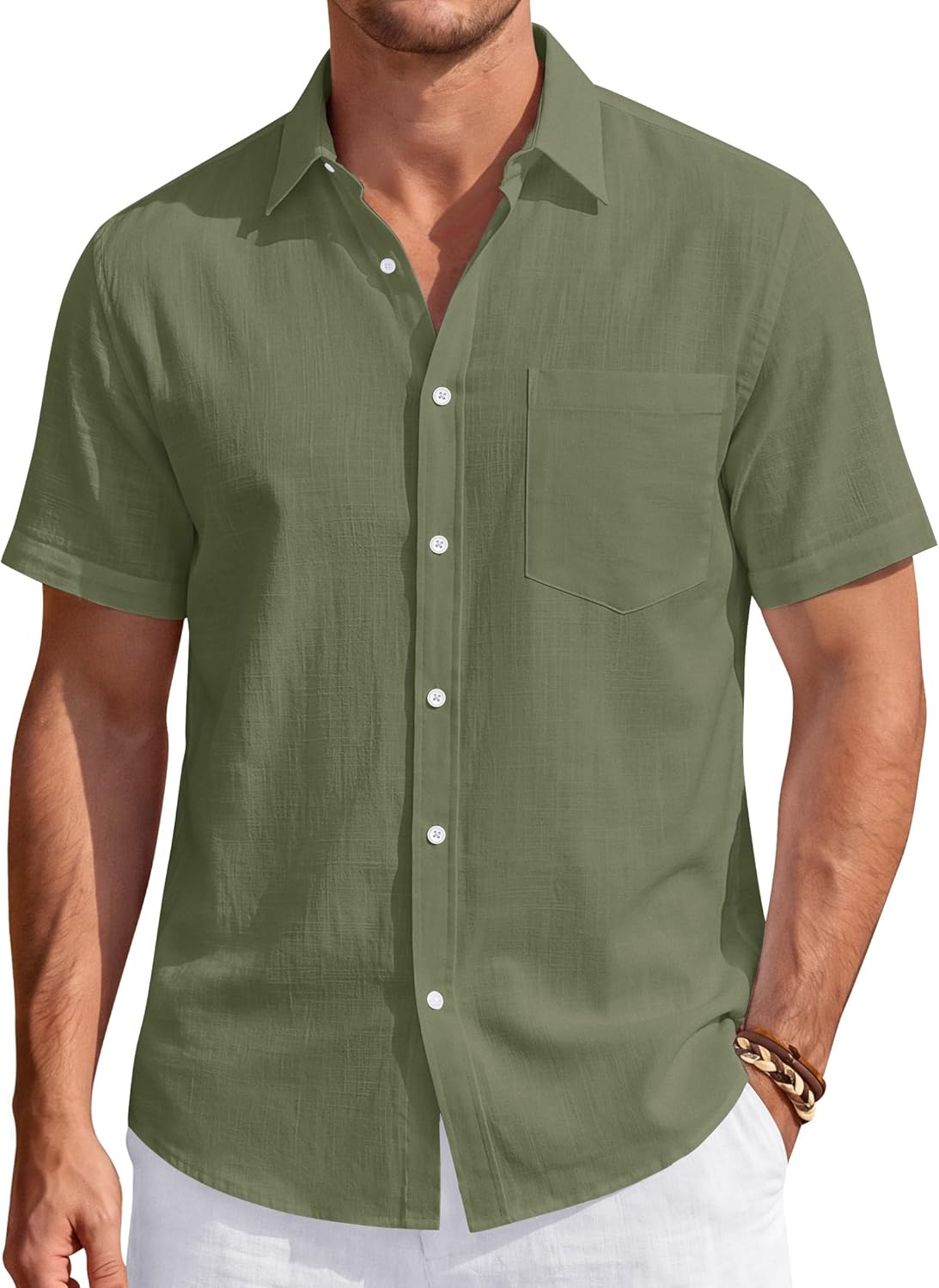 Men's Linen Short Sleeve Shirts Cotton Casual Lightweight Button Down Shirt Beach Vacation Summer Tops with Pocket