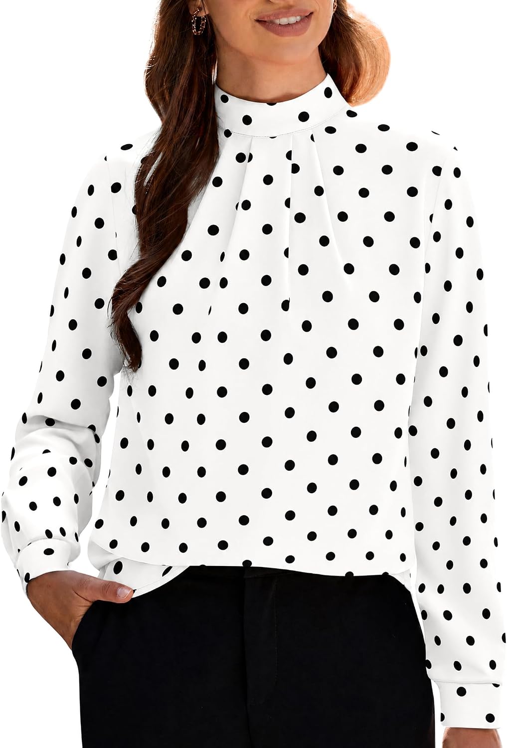 Women's Long Sleeve Tops Dressy Casual Mock Neck Work Blouse Fall Trendy Front Pleated Tunic Chiffon Shirts