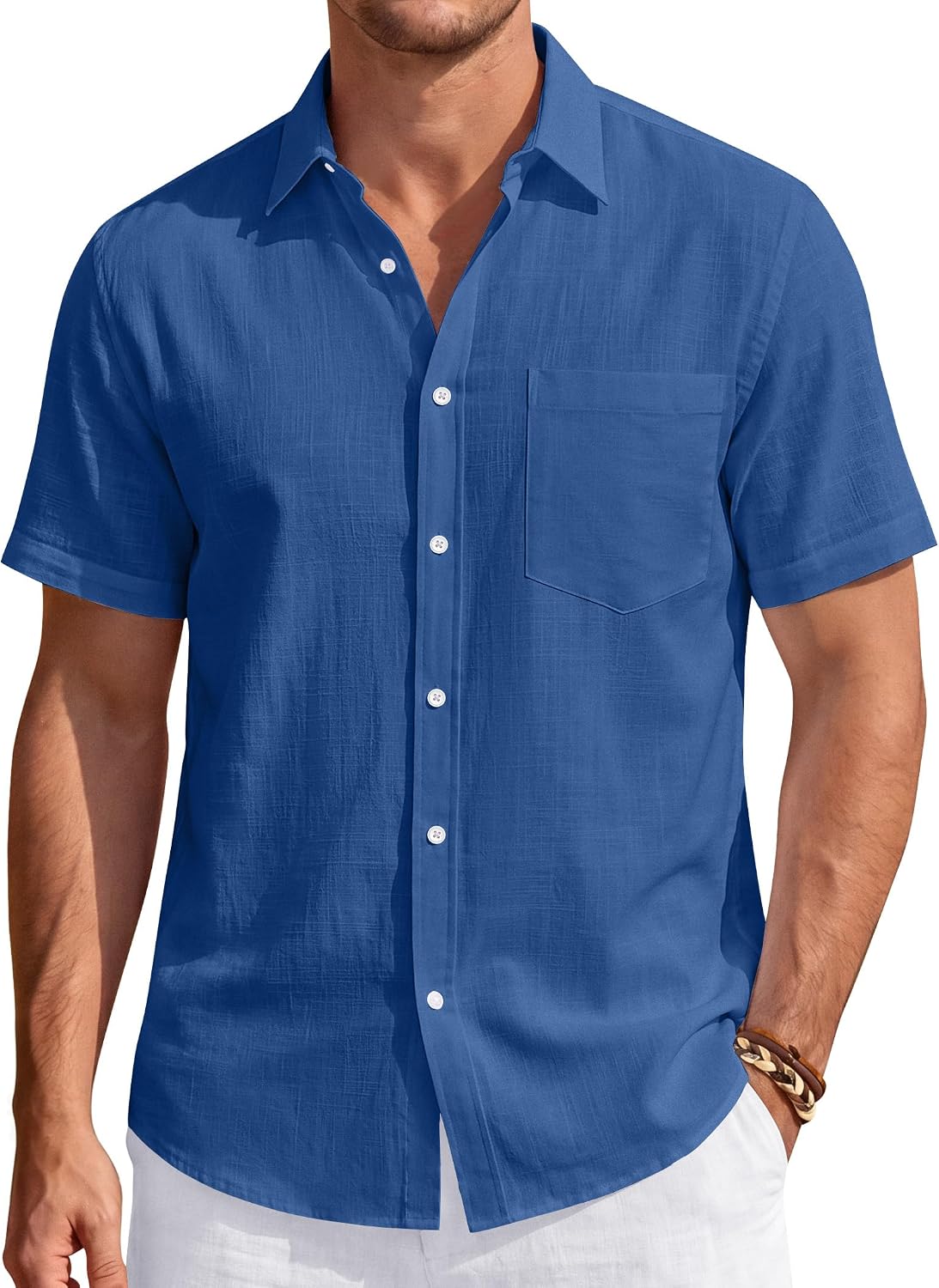 Men's Linen Short Sleeve Shirts Cotton Casual Lightweight Button Down Shirt Beach Vacation Summer Tops with Pocket