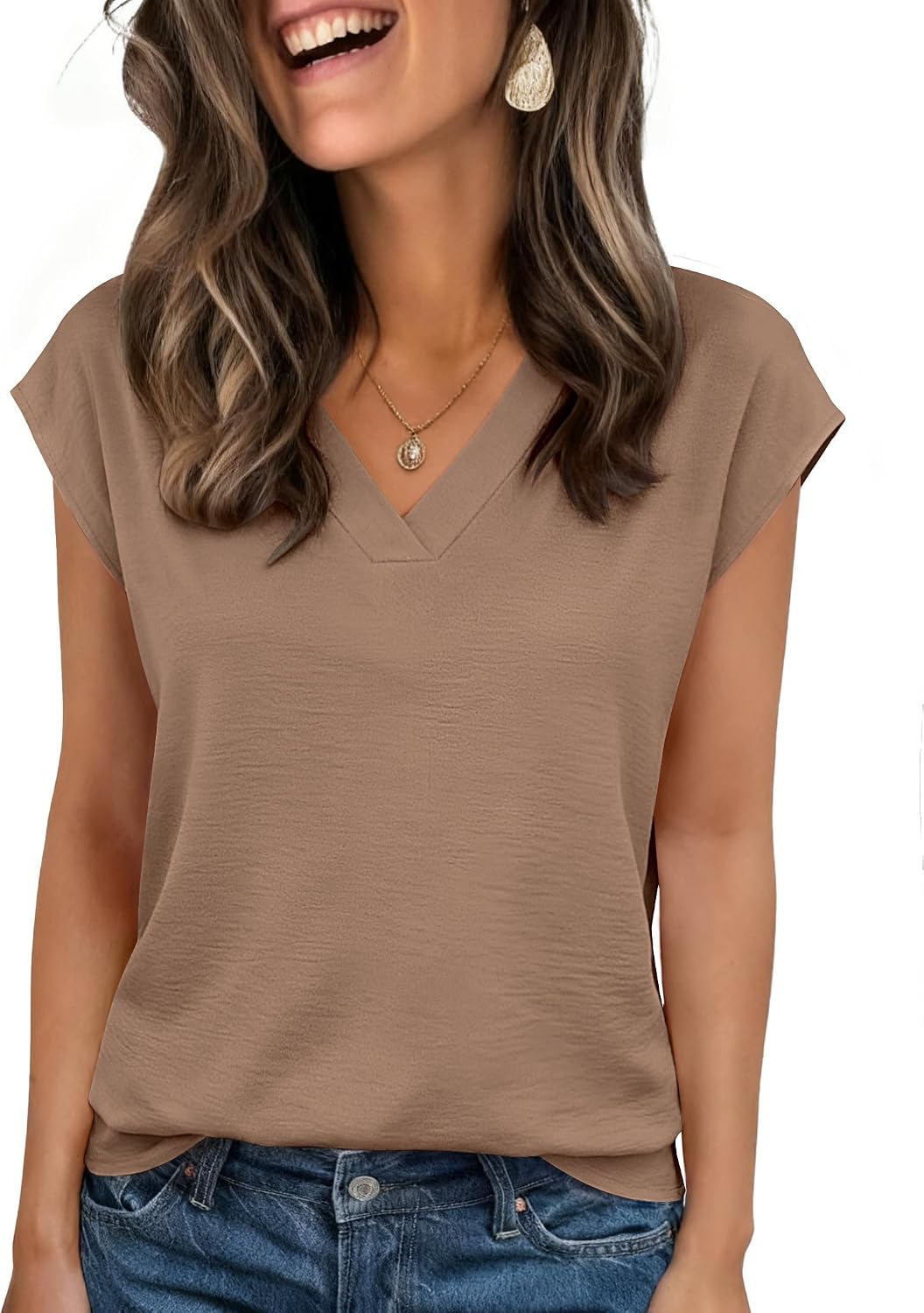 Womens Tops Cap Short Sleeve Textured Blouse V Neck Summer Spring Shirts Business Casual Outfits