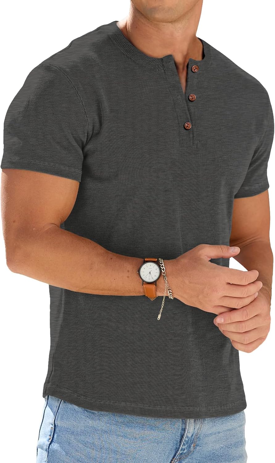 Mens Muscle Henley Shirts Lightweight Workout T-Shirt Gym Tee Athletic Short Sleeve with Button