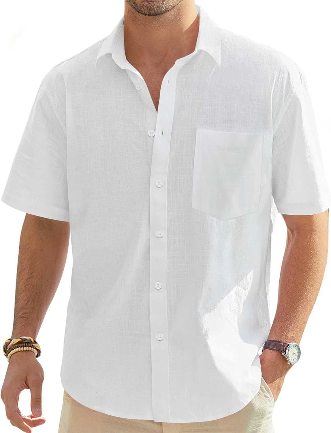 Men's Linen Short Sleeve Shirts Cotton Casual Lightweight Button Down Shirt Beach Vacation Summer Tops with Pocket