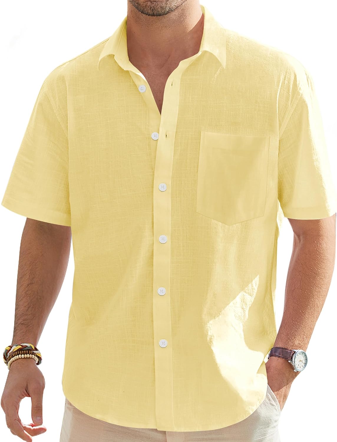 Men's Linen Short Sleeve Shirts Cotton Casual Lightweight Button Down Shirt Beach Vacation Summer Tops with Pocket