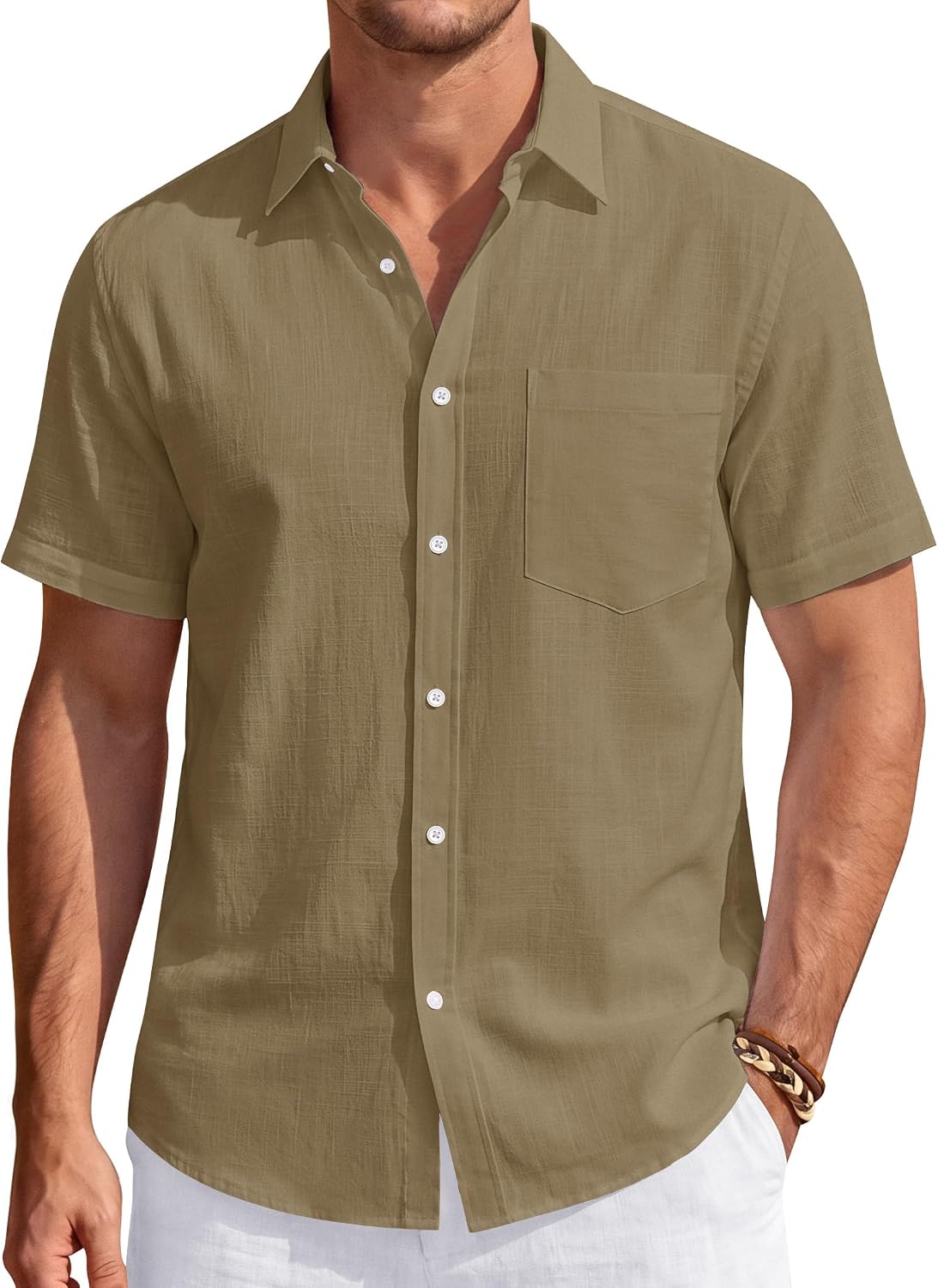 Men's Linen Short Sleeve Shirts Cotton Casual Lightweight Button Down Shirt Beach Vacation Summer Tops with Pocket