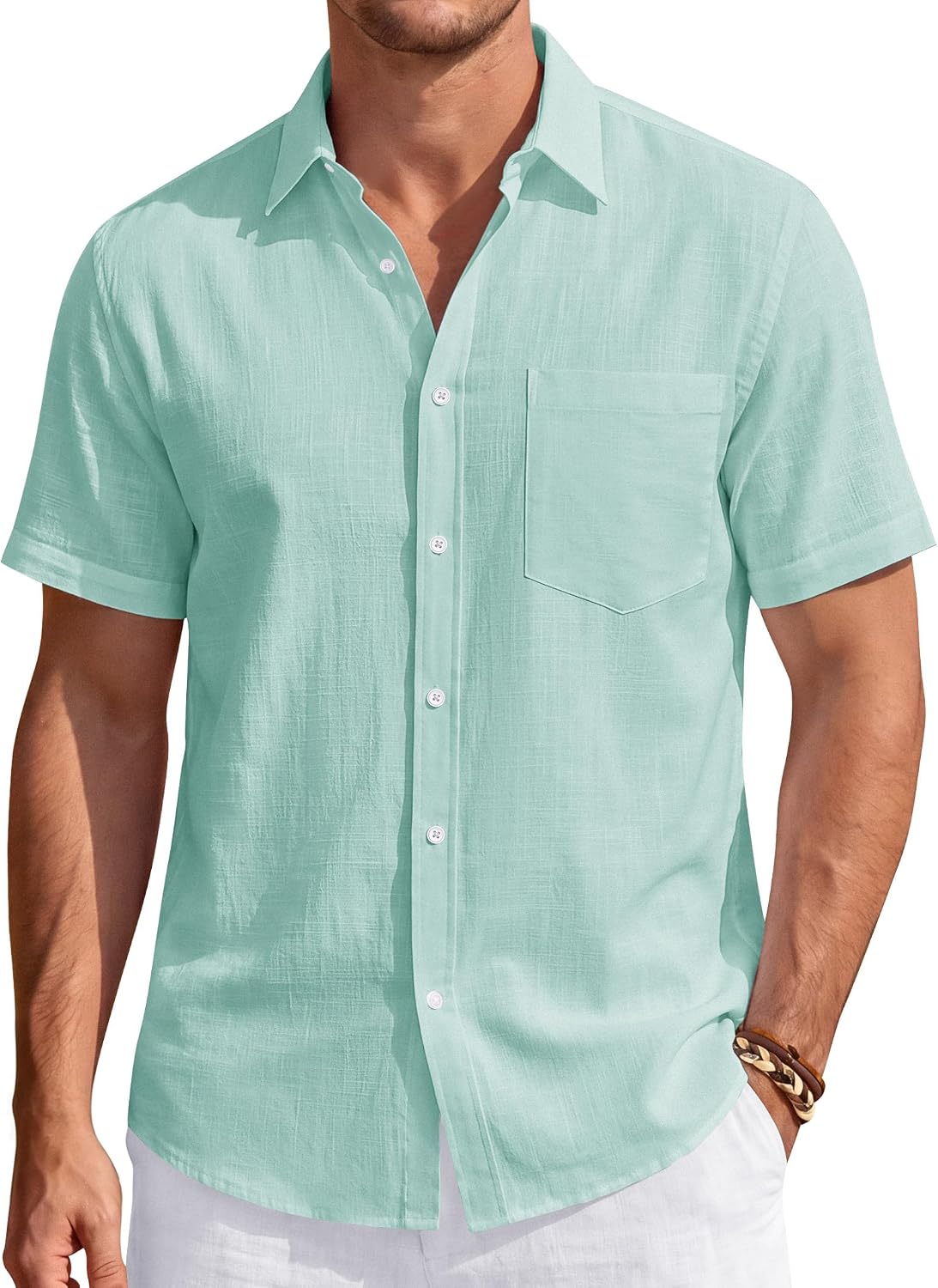 Men's Linen Short Sleeve Shirts Cotton Casual Lightweight Button Down Shirt Beach Vacation Summer Tops with Pocket