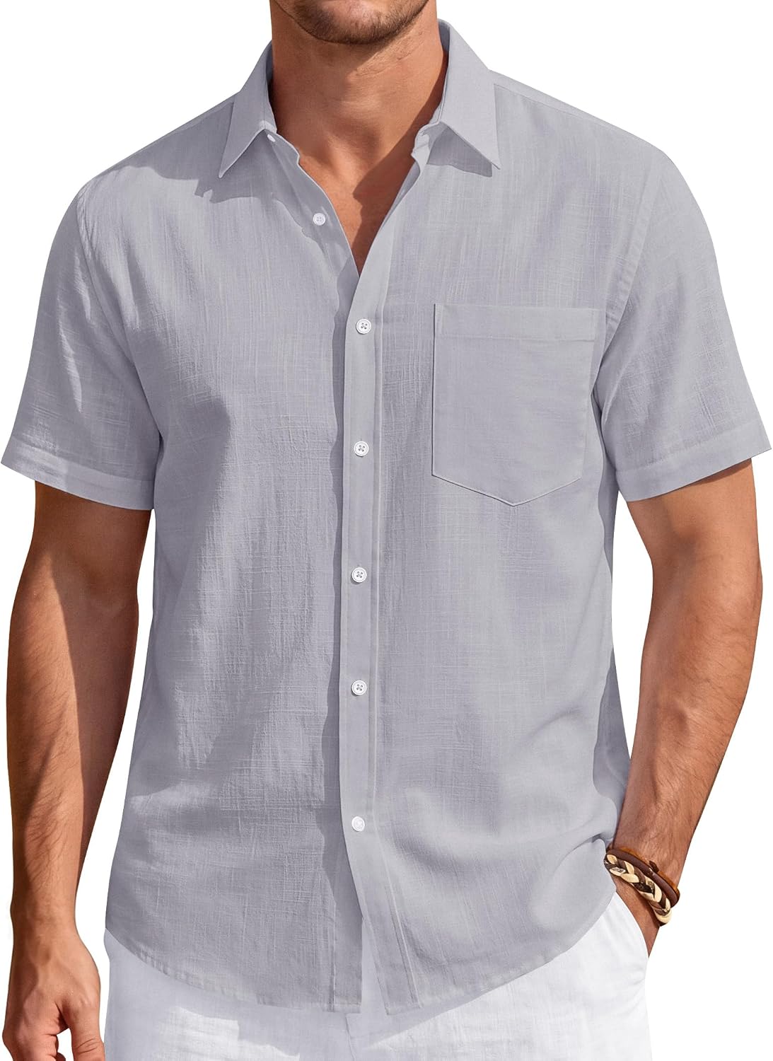 Men's Linen Short Sleeve Shirts Cotton Casual Lightweight Button Down Shirt Beach Vacation Summer Tops with Pocket