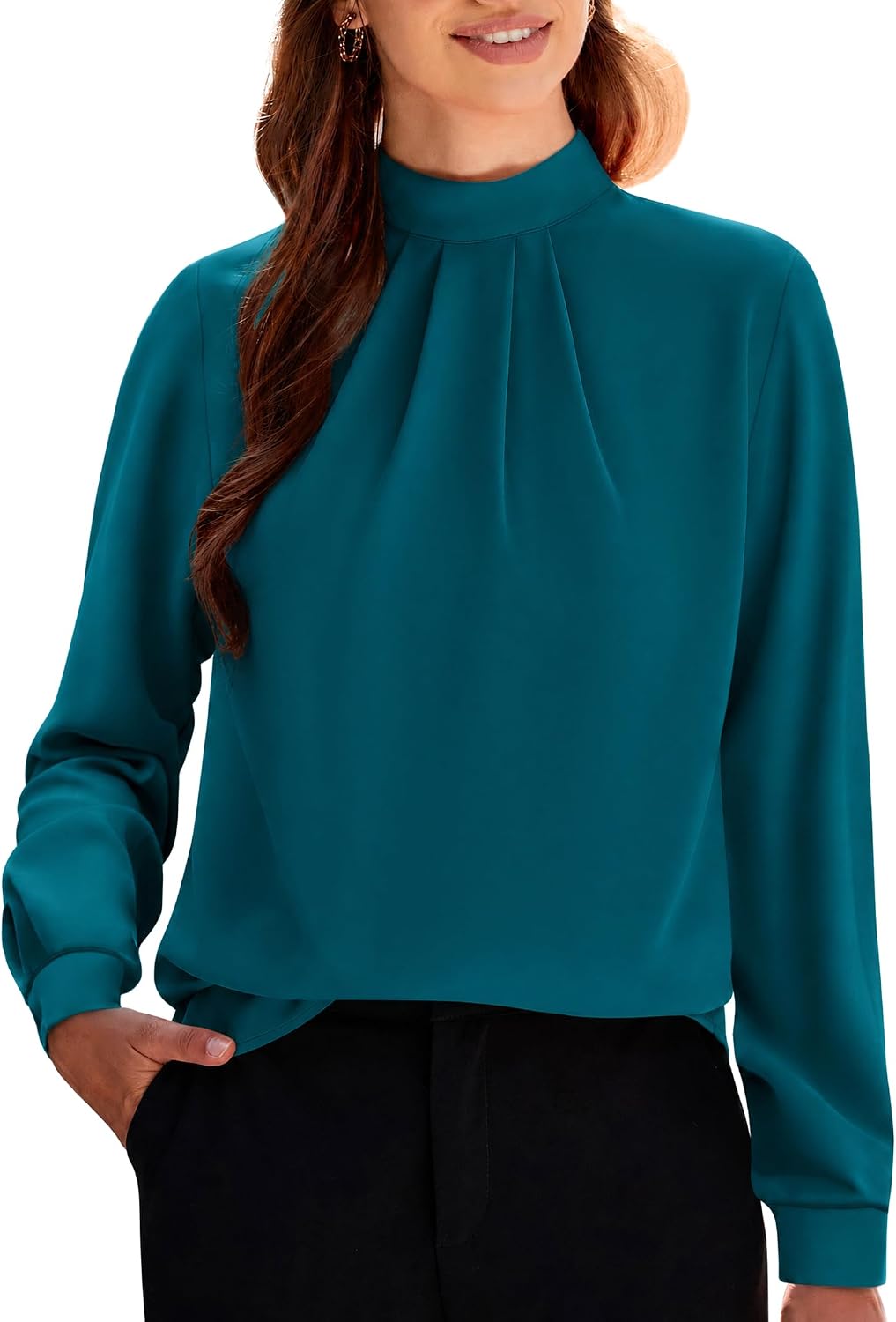Women's Long Sleeve Tops Dressy Casual Mock Neck Work Blouse Fall Trendy Front Pleated Tunic Chiffon Shirts