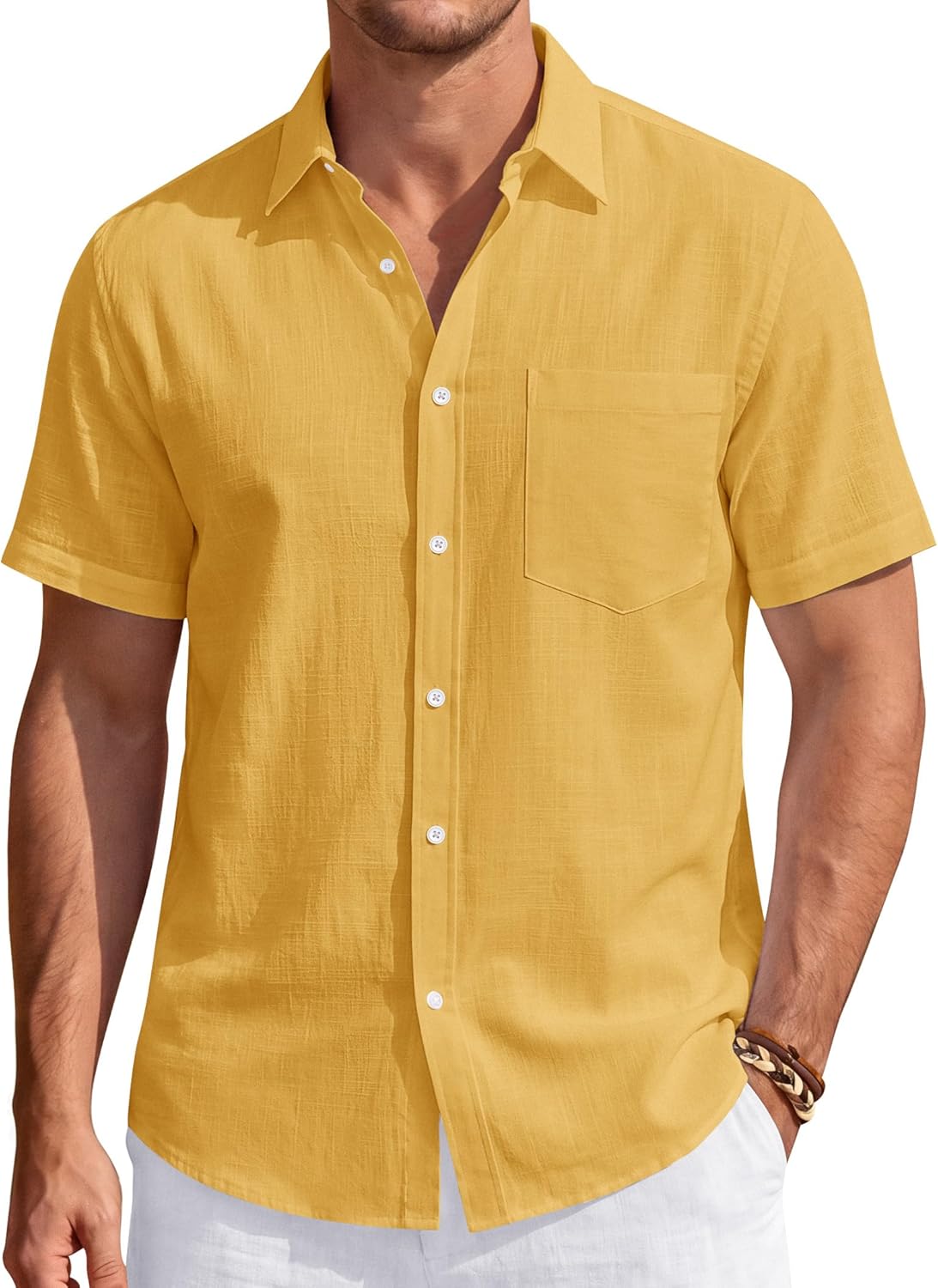 Men's Linen Short Sleeve Shirts Cotton Casual Lightweight Button Down Shirt Beach Vacation Summer Tops with Pocket
