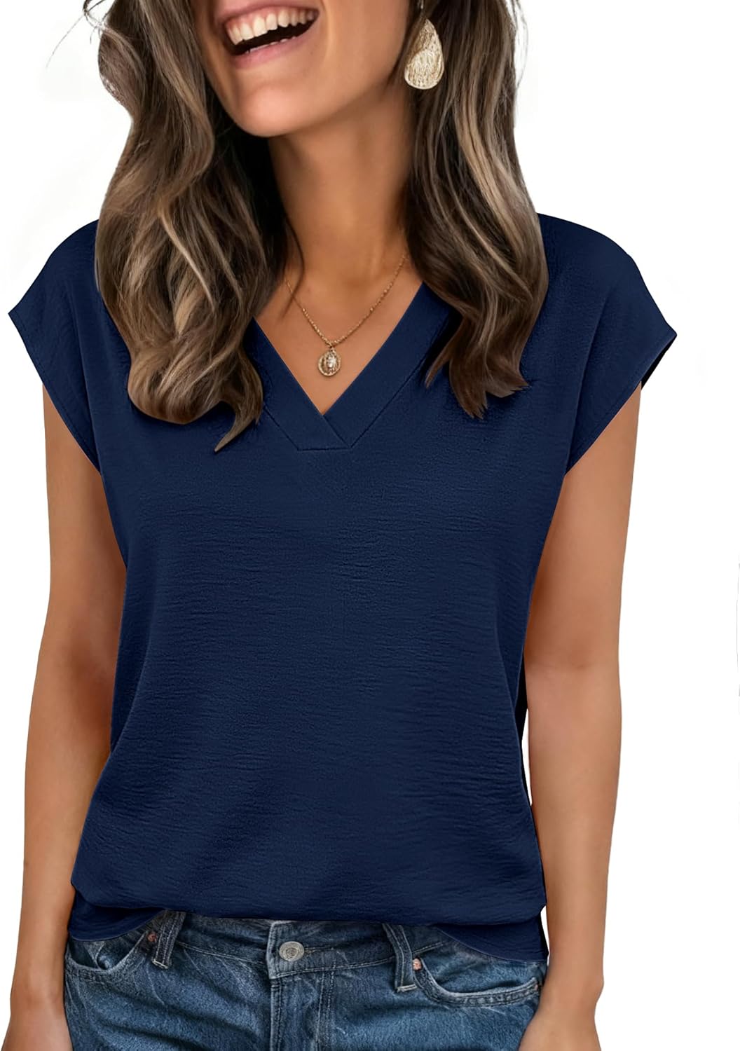 Womens Tops Cap Short Sleeve Textured Blouse V Neck Summer Spring Shirts Business Casual Outfits