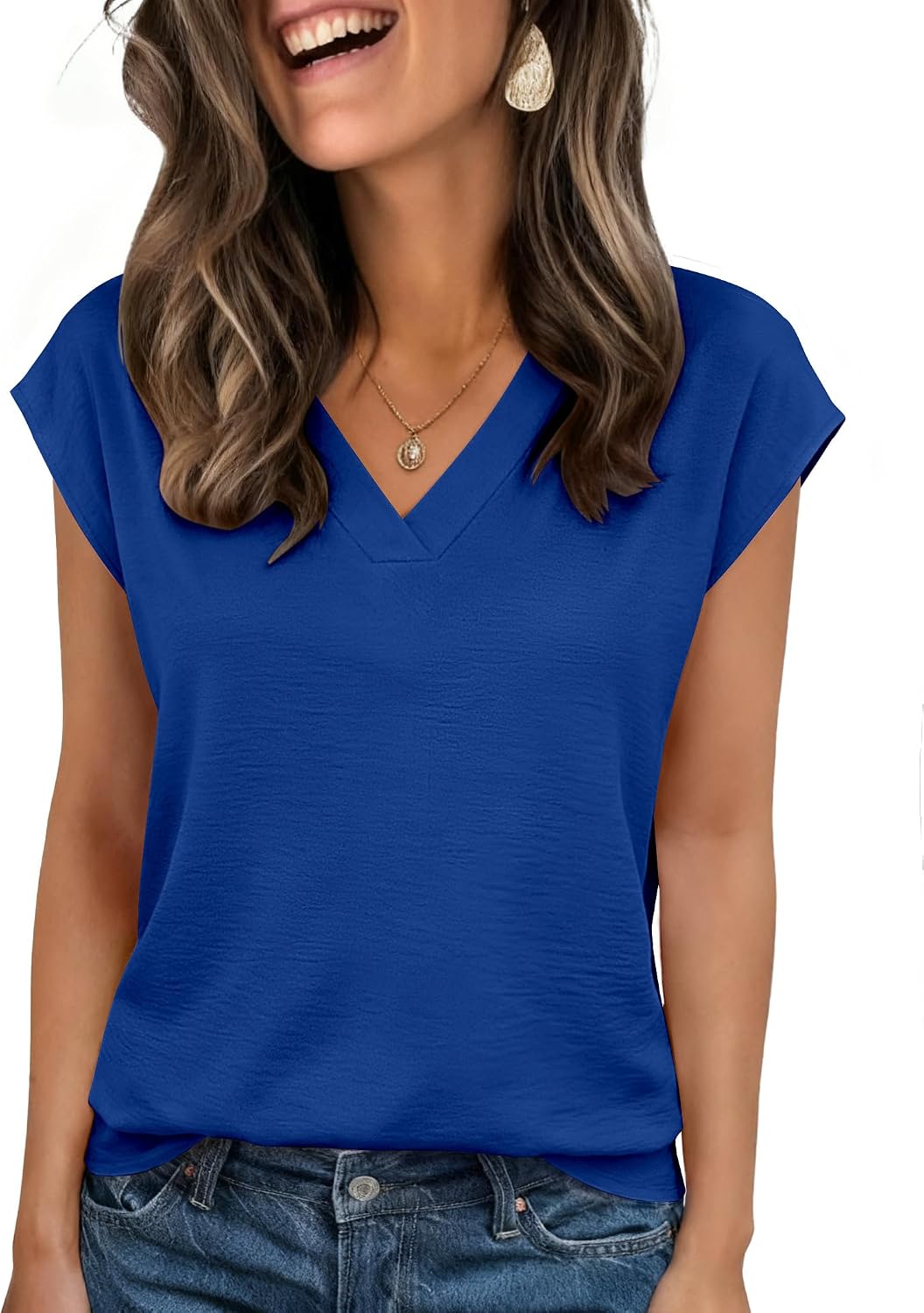 Womens Tops Cap Short Sleeve Textured Blouse V Neck Summer Spring Shirts Business Casual Outfits