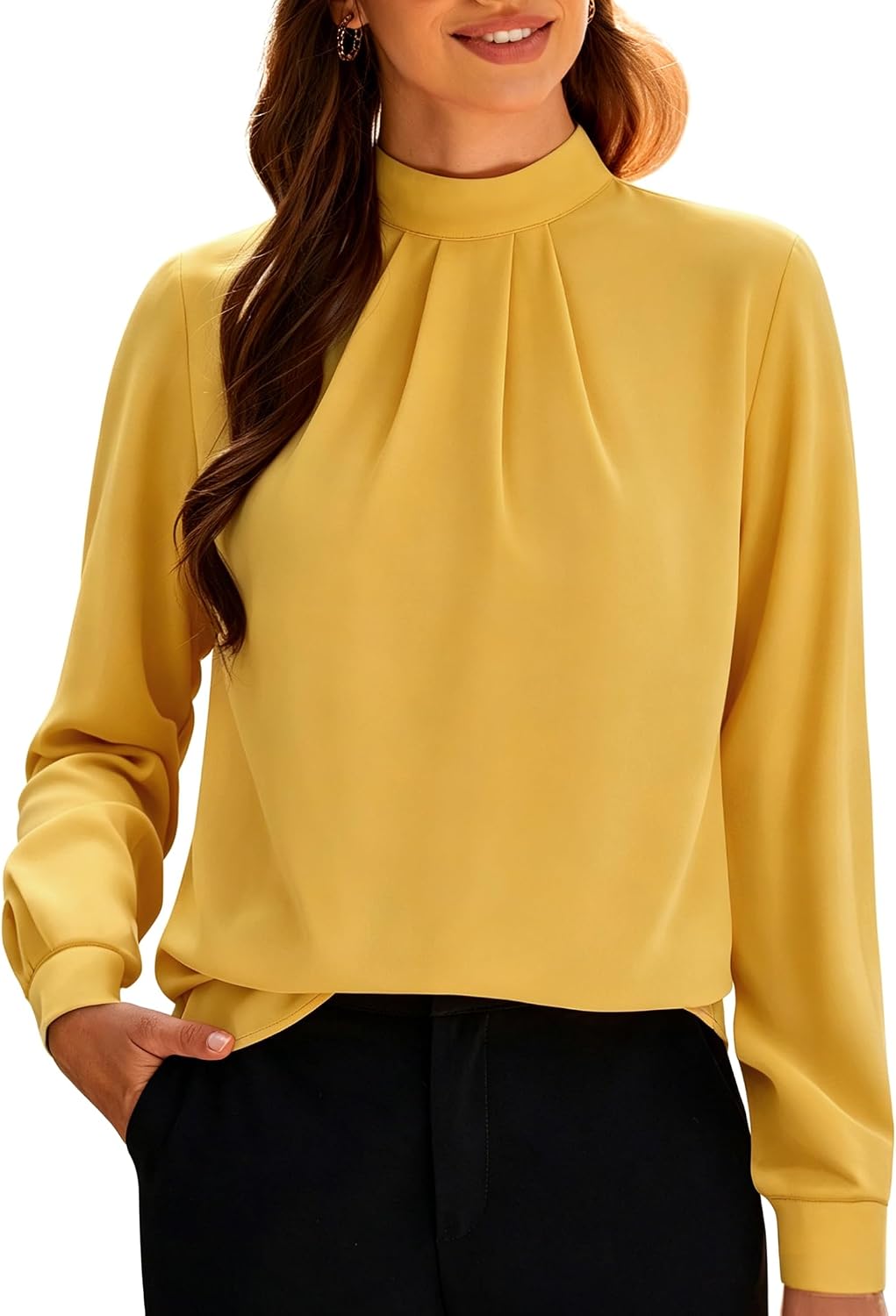 Women's Long Sleeve Tops Dressy Casual Mock Neck Work Blouse Fall Trendy Front Pleated Tunic Chiffon Shirts