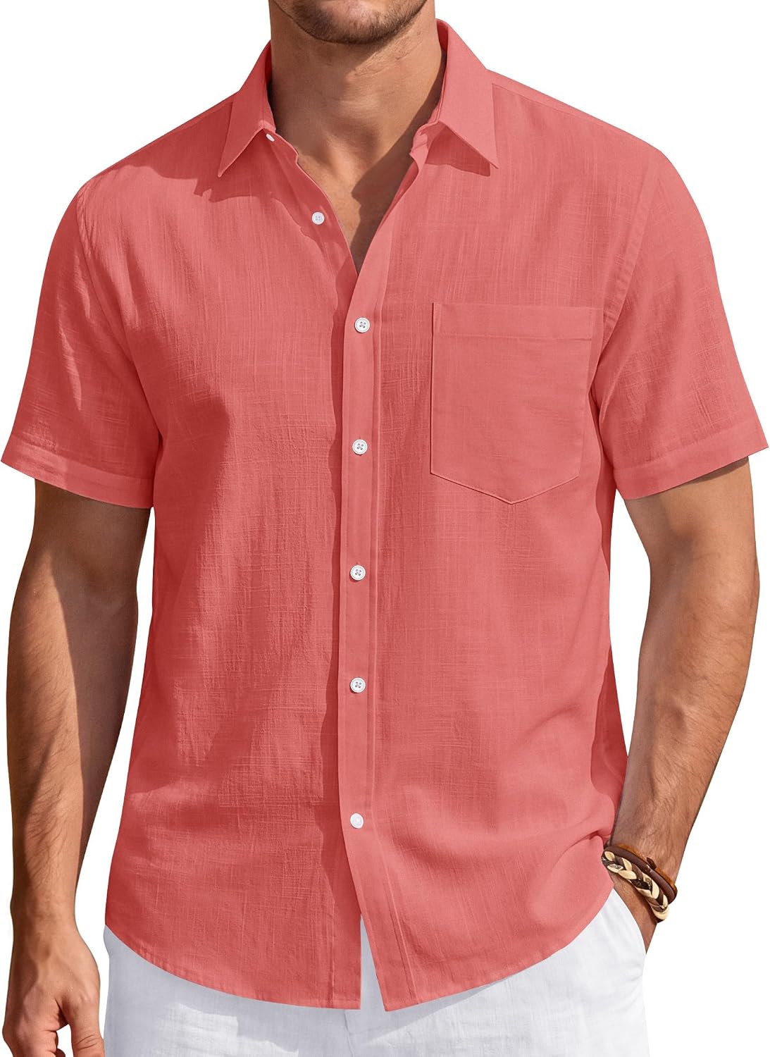 Men's Linen Short Sleeve Shirts Cotton Casual Lightweight Button Down Shirt Beach Vacation Summer Tops with Pocket