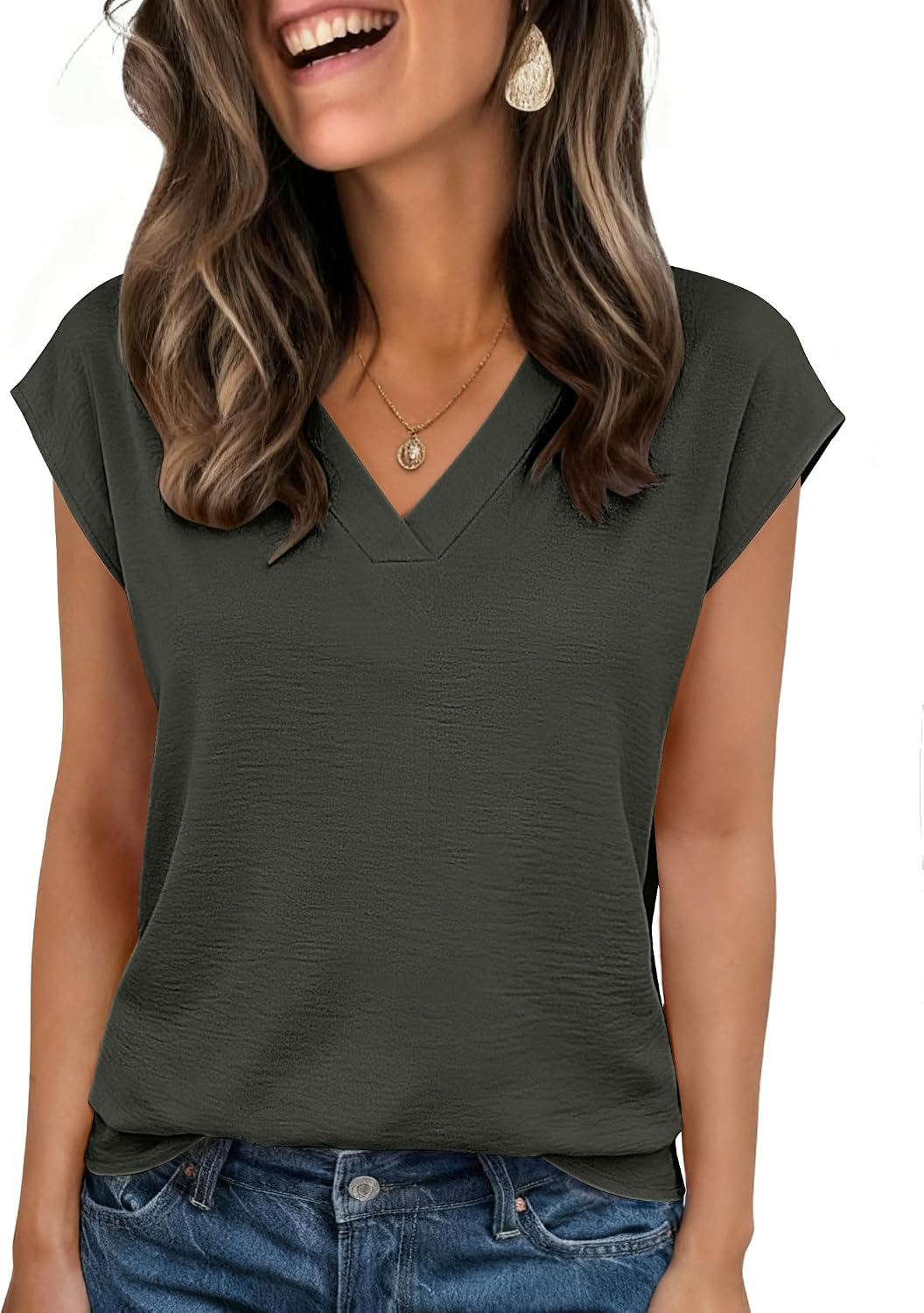 Womens Tops Cap Short Sleeve Textured Blouse V Neck Summer Spring Shirts Business Casual Outfits