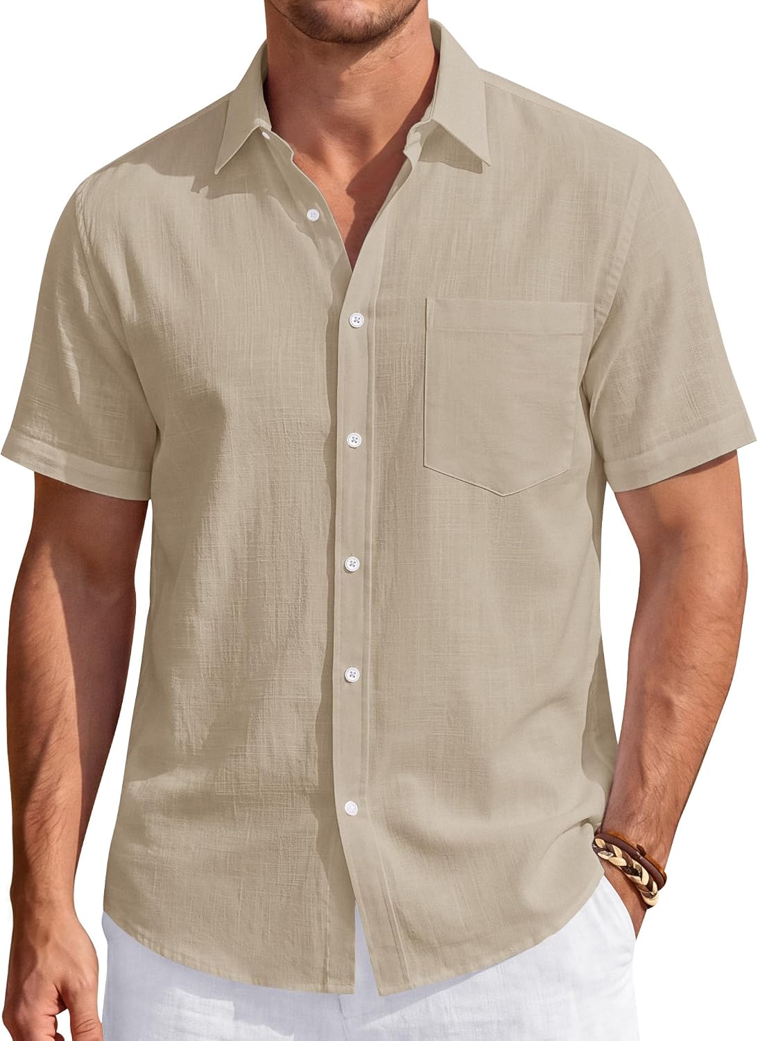 Men's Linen Short Sleeve Shirts Cotton Casual Lightweight Button Down Shirt Beach Vacation Summer Tops with Pocket