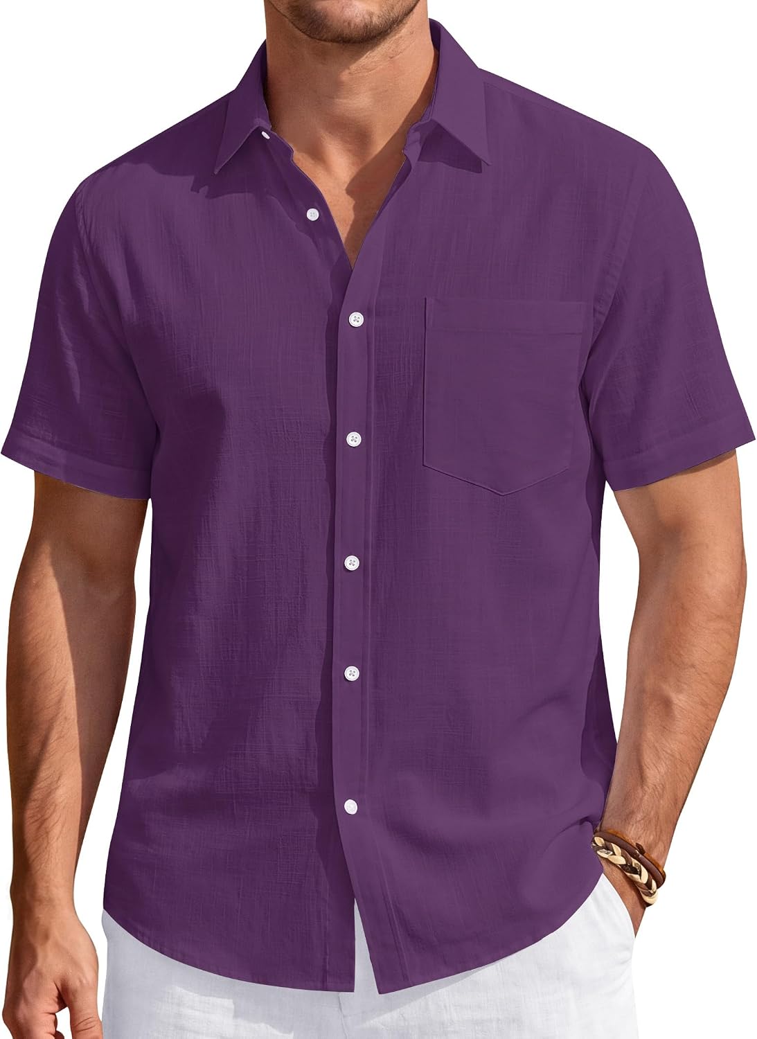 Men's Linen Short Sleeve Shirts Cotton Casual Lightweight Button Down Shirt Beach Vacation Summer Tops with Pocket