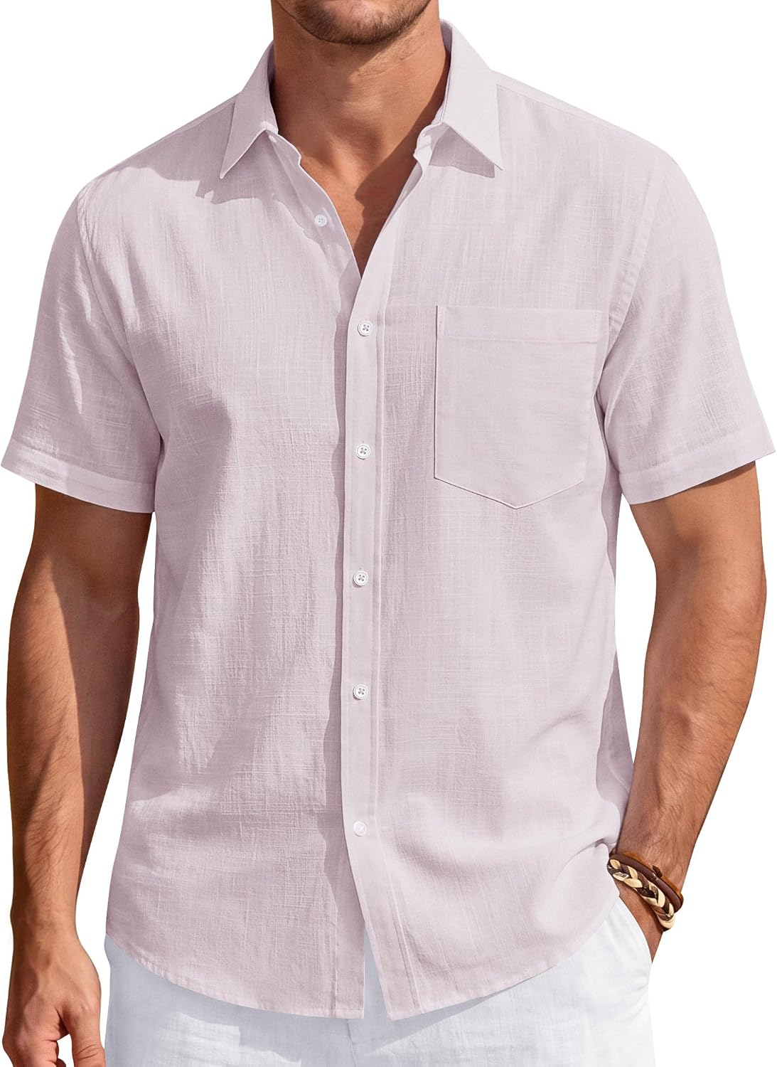 Men's Linen Short Sleeve Shirts Cotton Casual Lightweight Button Down Shirt Beach Vacation Summer Tops with Pocket