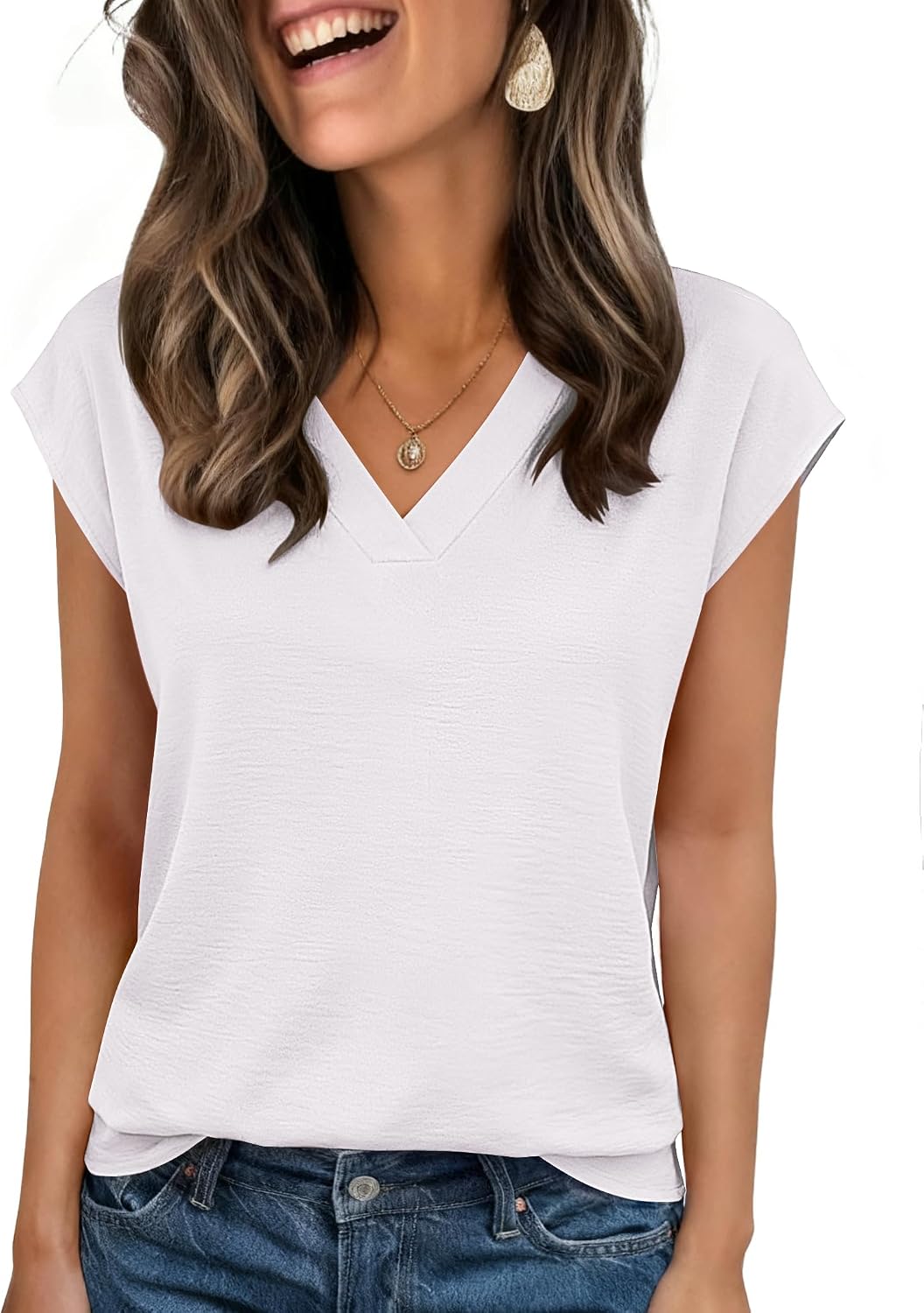 Womens Tops Cap Short Sleeve Textured Blouse V Neck Summer Spring Shirts Business Casual Outfits