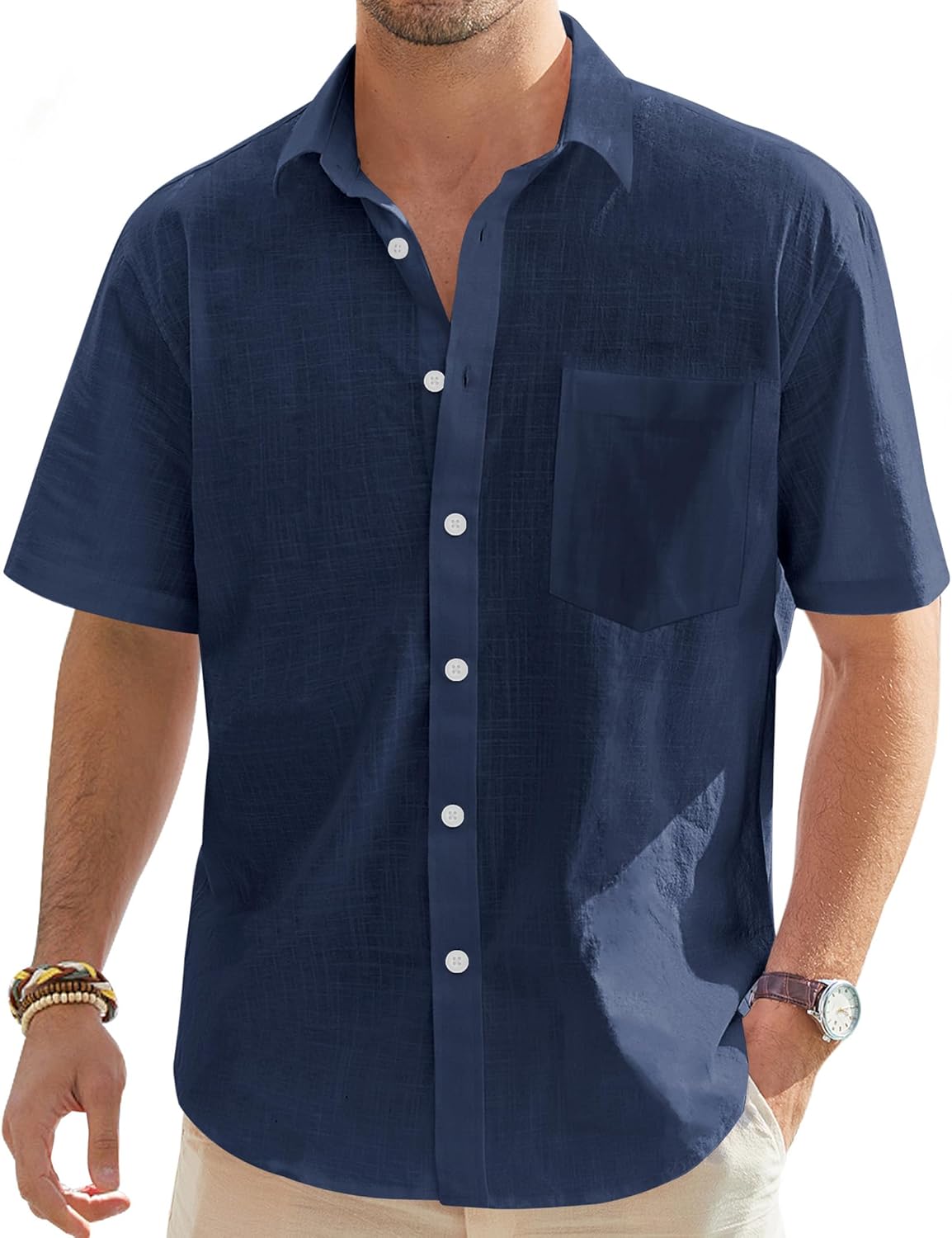 Men's Linen Short Sleeve Shirts Cotton Casual Lightweight Button Down Shirt Beach Vacation Summer Tops with Pocket