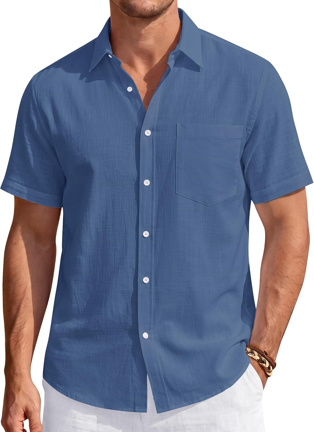 Men's Linen Short Sleeve Shirts Cotton Casual Lightweight Button Down Shirt Beach Vacation Summer Tops with Pocket