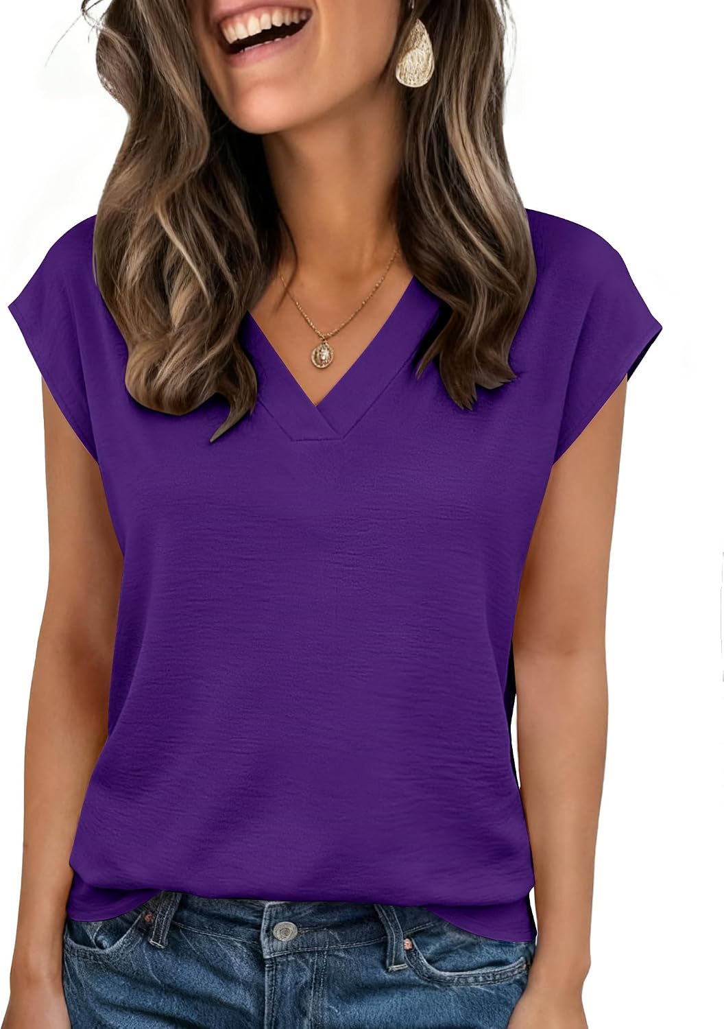 Womens Tops Cap Short Sleeve Textured Blouse V Neck Summer Spring Shirts Business Casual Outfits