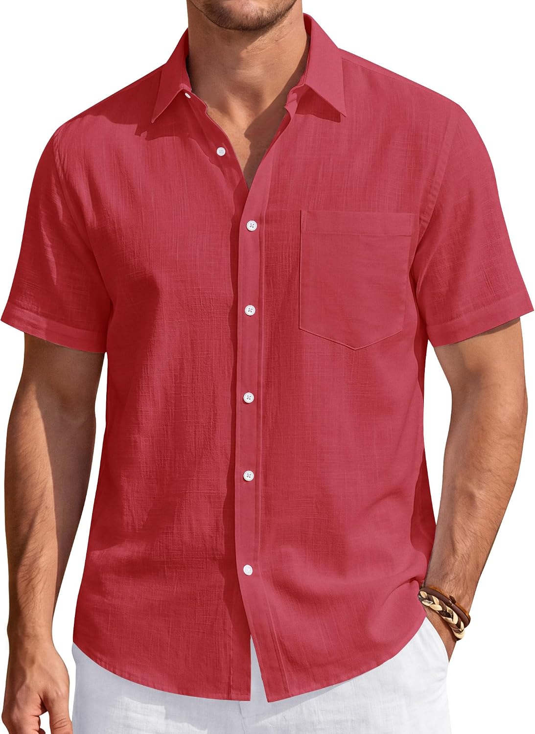 Men's Linen Short Sleeve Shirts Cotton Casual Lightweight Button Down Shirt Beach Vacation Summer Tops with Pocket