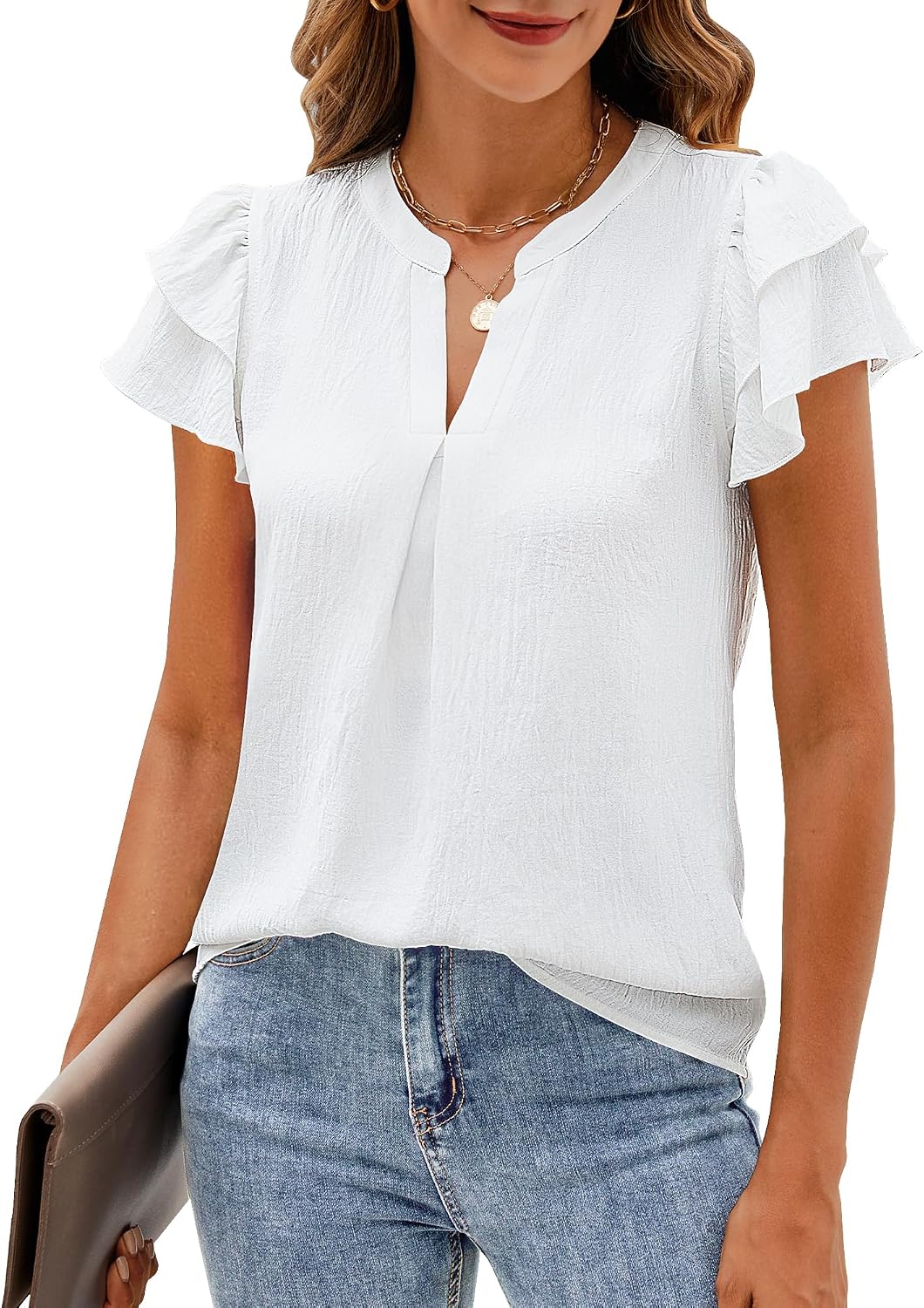 Womens Business Casual Tops Ruffle Short Sleeve V Neck Flowy Dressy Summer Blouses Shirts