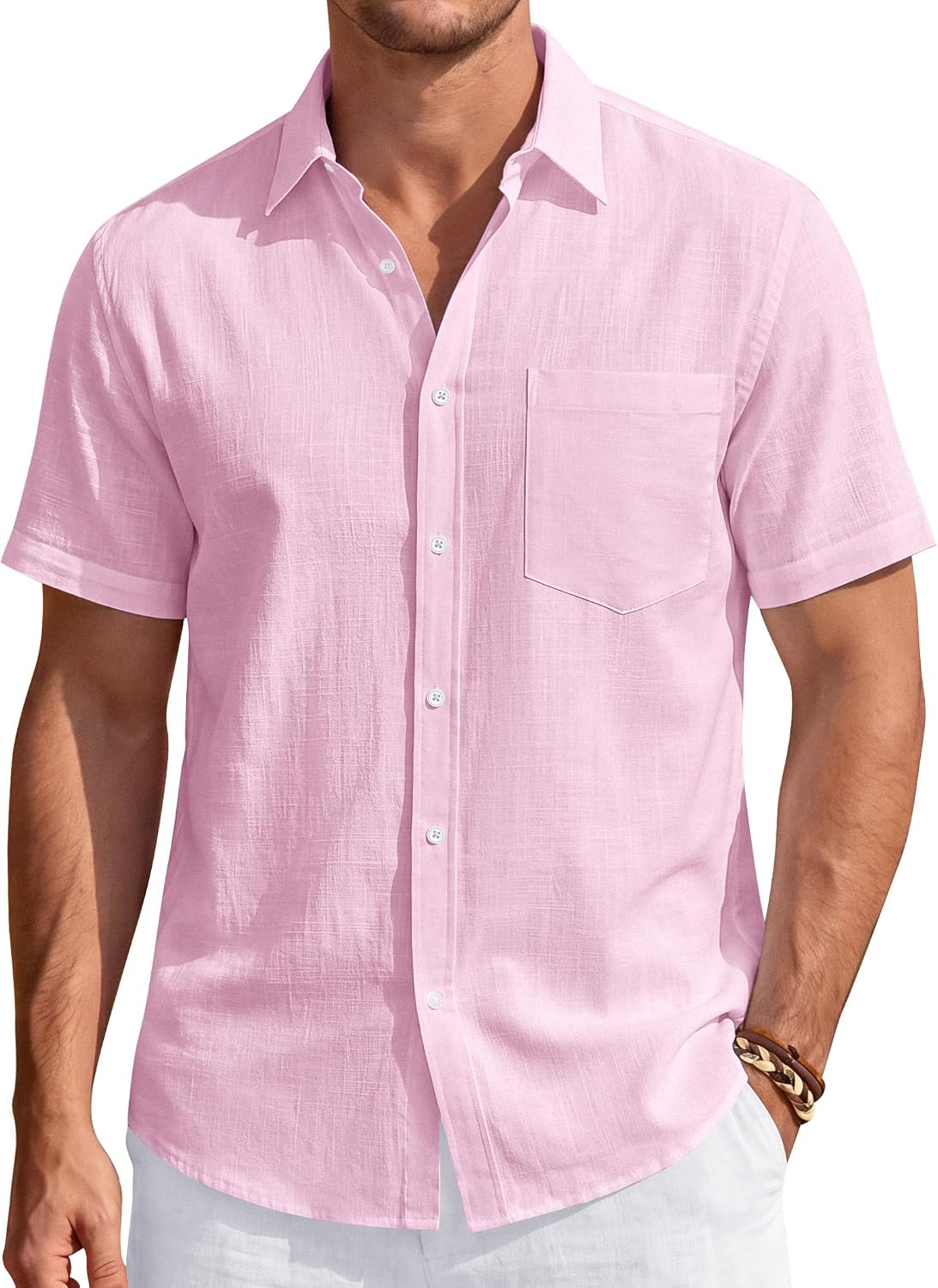 Men's Linen Short Sleeve Shirts Cotton Casual Lightweight Button Down Shirt Beach Vacation Summer Tops with Pocket
