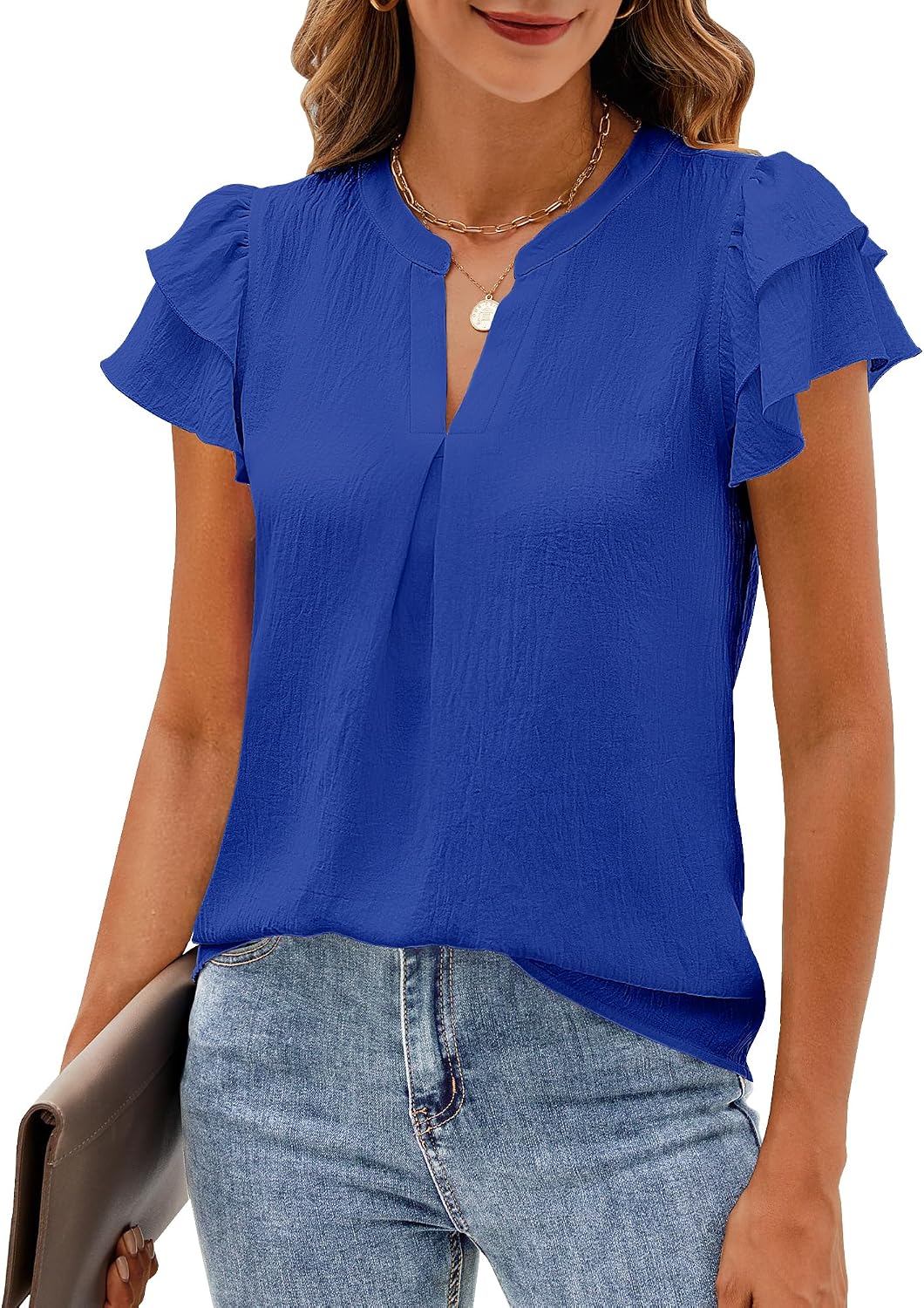 Womens Business Casual Tops Ruffle Short Sleeve V Neck Flowy Dressy Summer Blouses Shirts