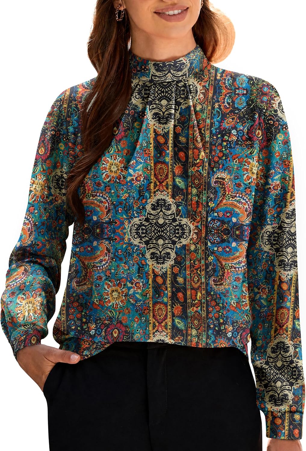 Women's Long Sleeve Tops Dressy Casual Mock Neck Work Blouse Fall Trendy Front Pleated Tunic Chiffon Shirts