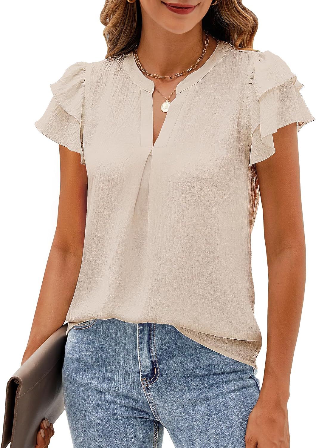 Womens Business Casual Tops Ruffle Short Sleeve V Neck Flowy Dressy Summer Blouses Shirts