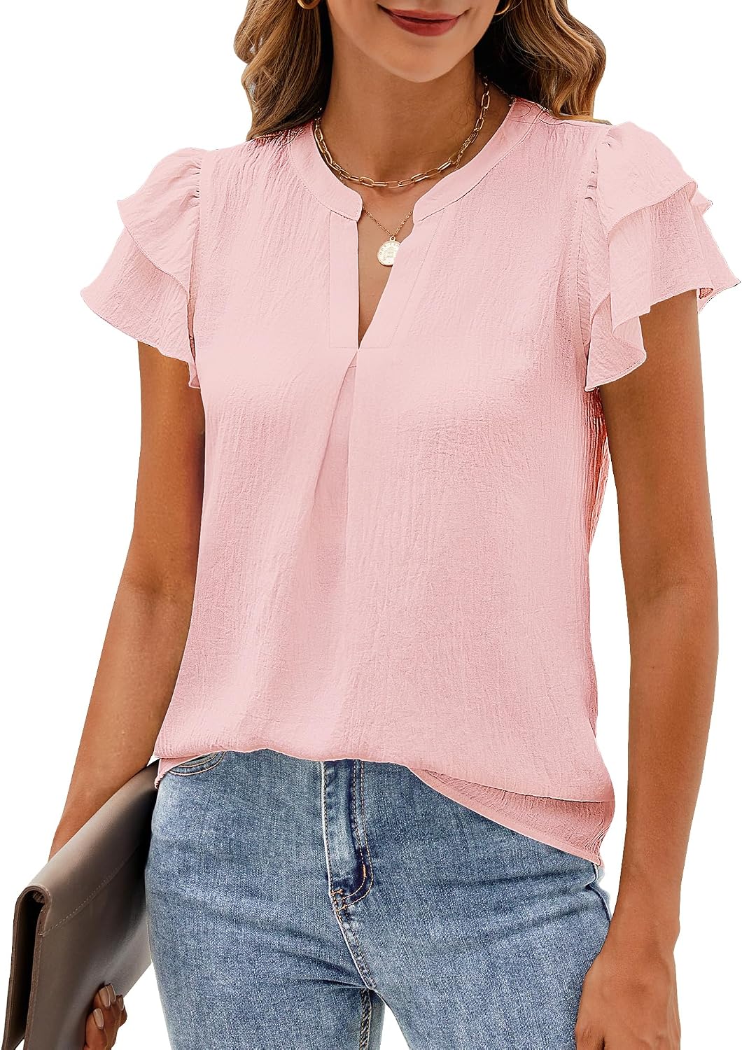 Womens Business Casual Tops Ruffle Short Sleeve V Neck Flowy Dressy Summer Blouses Shirts