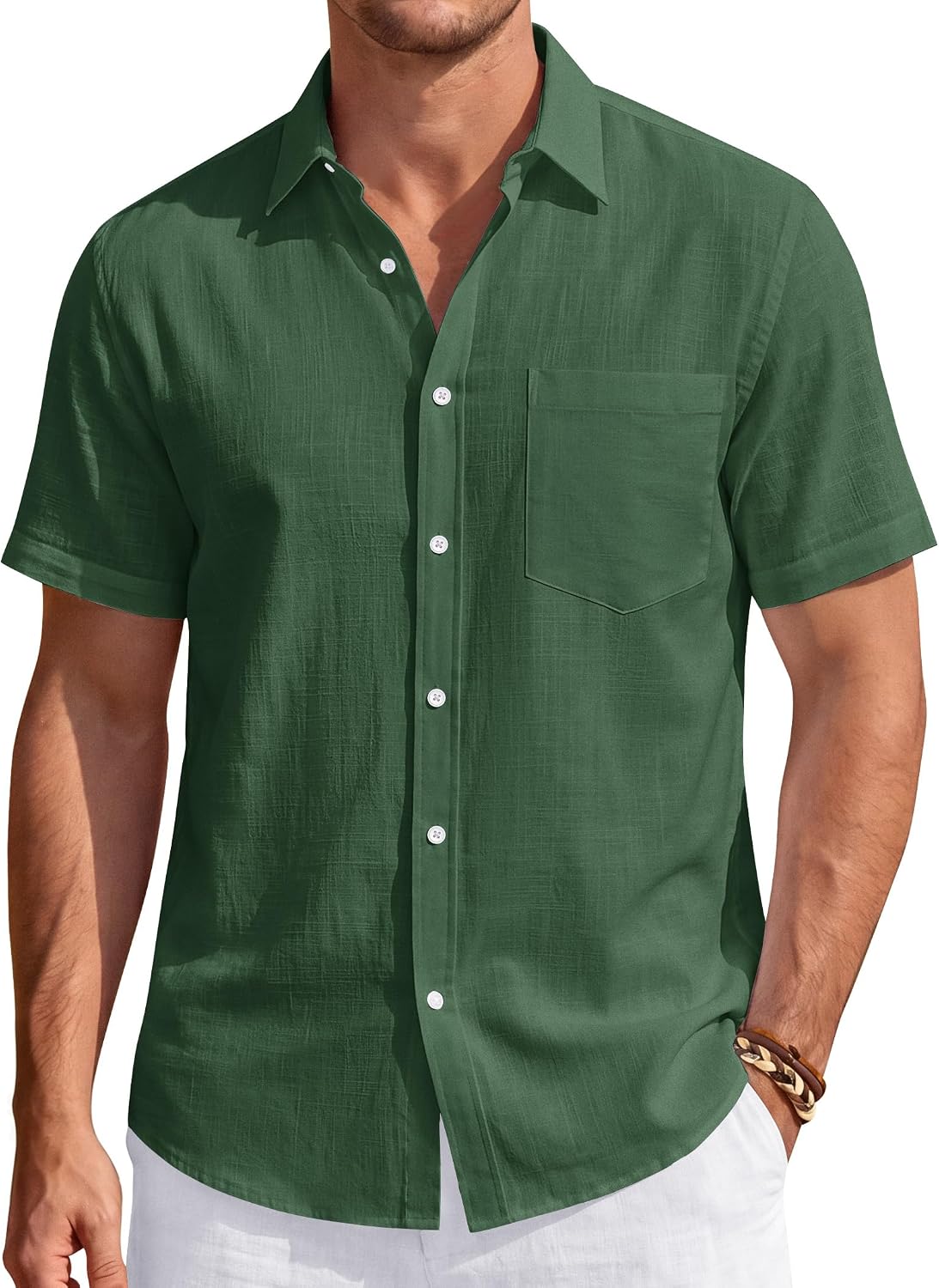 Men's Linen Short Sleeve Shirts Cotton Casual Lightweight Button Down Shirt Beach Vacation Summer Tops with Pocket
