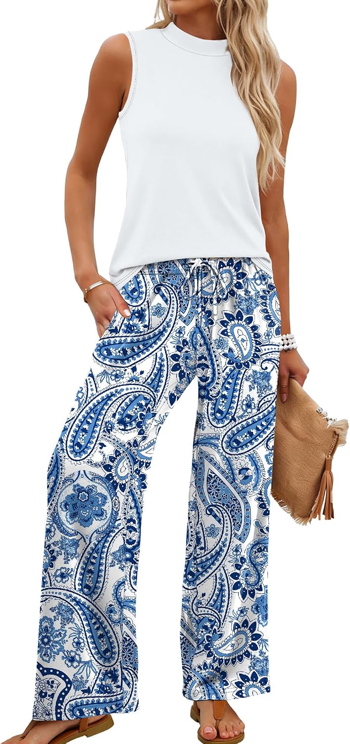 Two Piece Set for Women Summer Spring Outfits Cruise Travel Airport Beach Vacation Mock Neck Wide Leg Pants Set