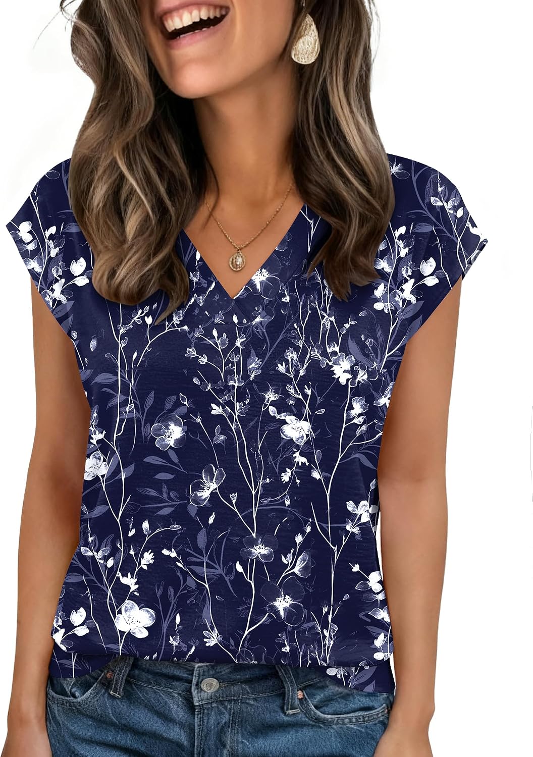 Womens Tops Cap Short Sleeve Textured Blouse V Neck Summer Spring Shirts Business Casual Outfits