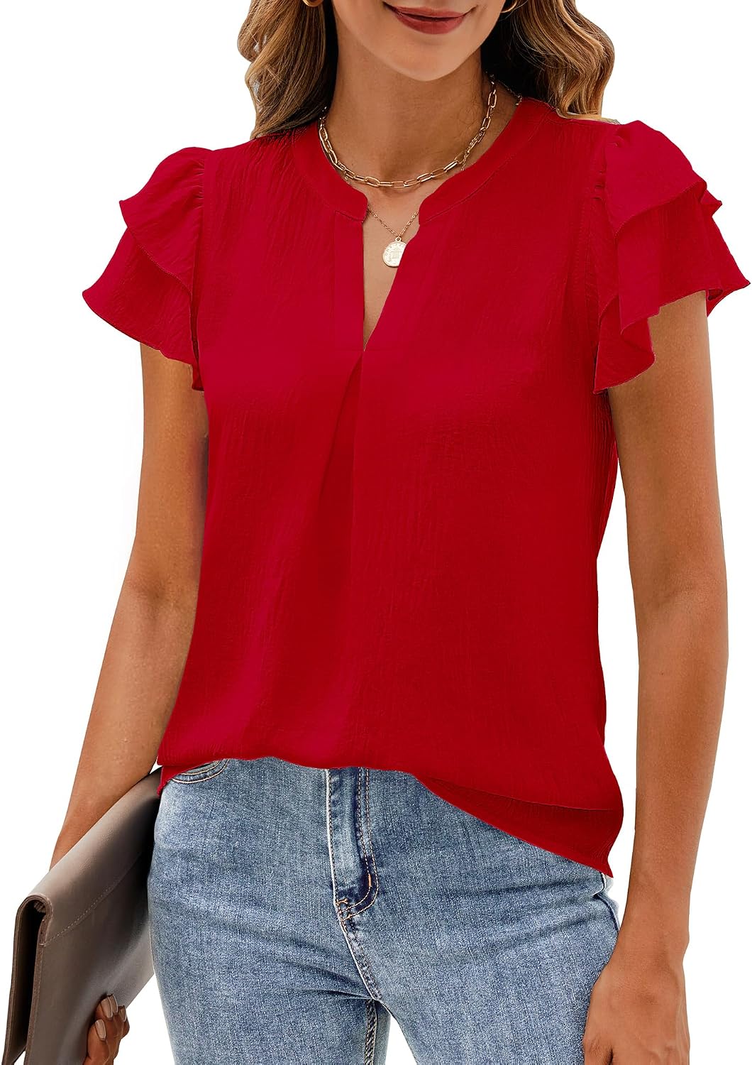 Womens Business Casual Tops Ruffle Short Sleeve V Neck Flowy Dressy Summer Blouses Shirts