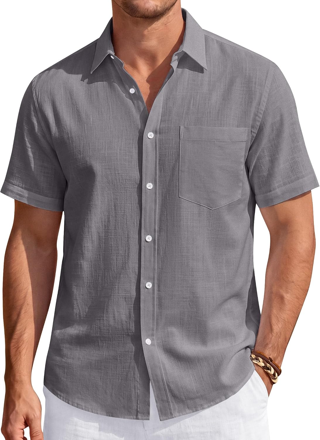 Men's Linen Short Sleeve Shirts Cotton Casual Lightweight Button Down Shirt Beach Vacation Summer Tops with Pocket