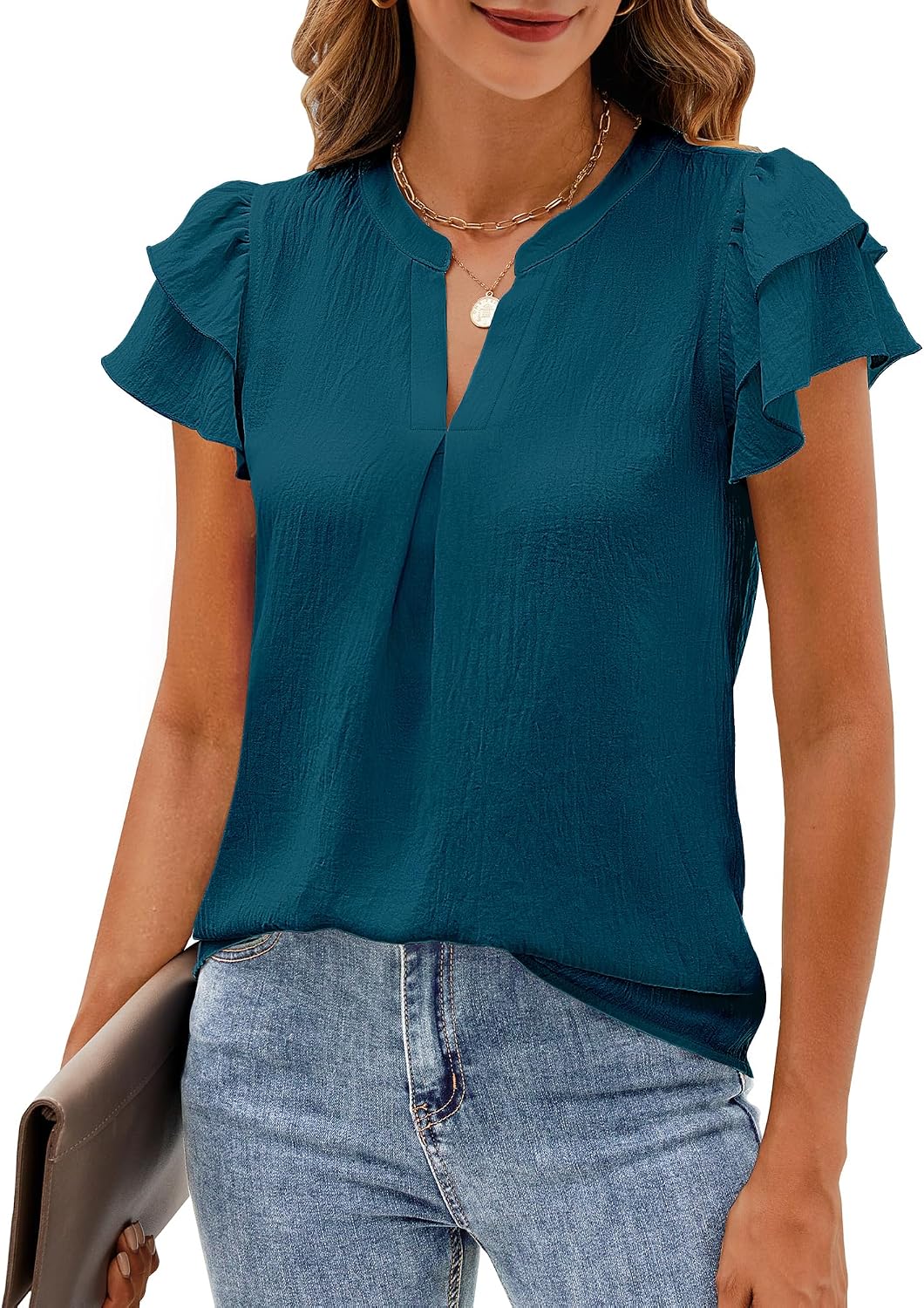 Womens Business Casual Tops Ruffle Short Sleeve V Neck Flowy Dressy Summer Blouses Shirts