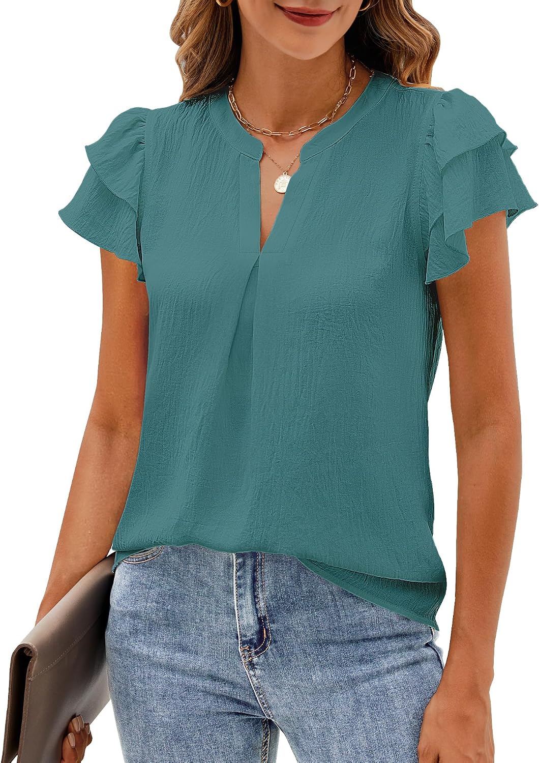 Womens Business Casual Tops Ruffle Short Sleeve V Neck Flowy Dressy Summer Blouses Shirts