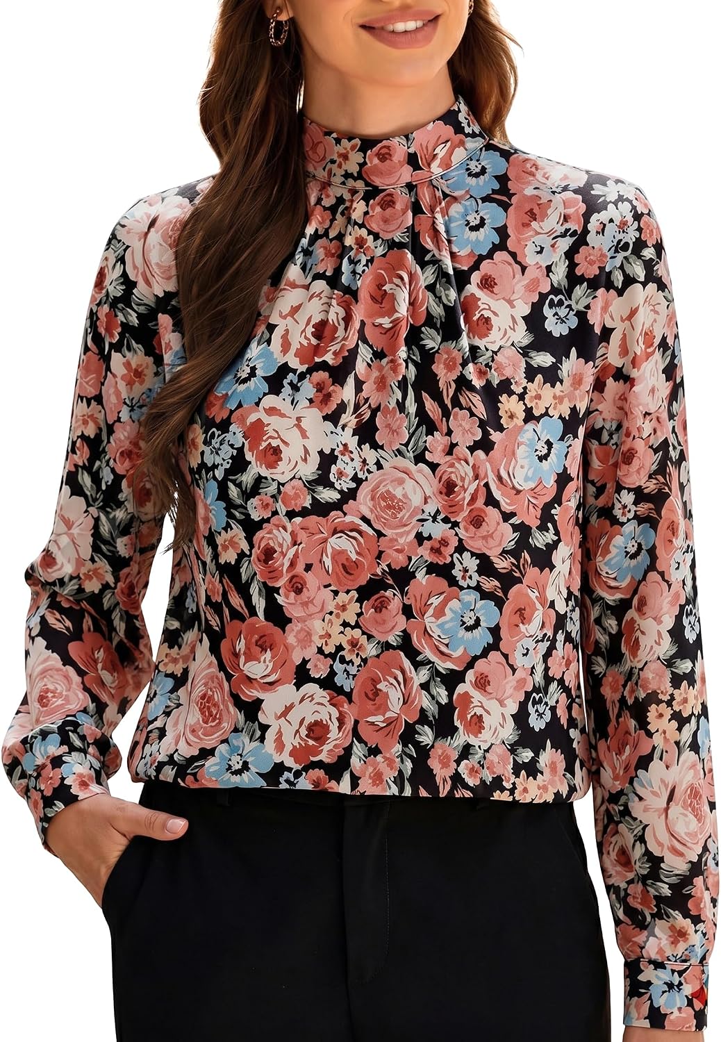 Women's Long Sleeve Tops Dressy Casual Mock Neck Work Blouse Fall Trendy Front Pleated Tunic Chiffon Shirts