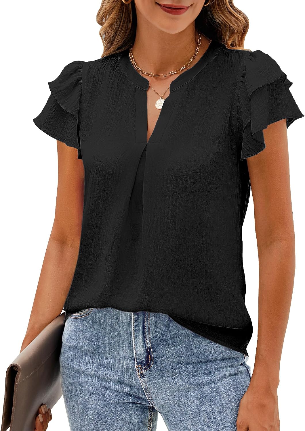 Womens Business Casual Tops Ruffle Short Sleeve V Neck Flowy Dressy Summer Blouses Shirts